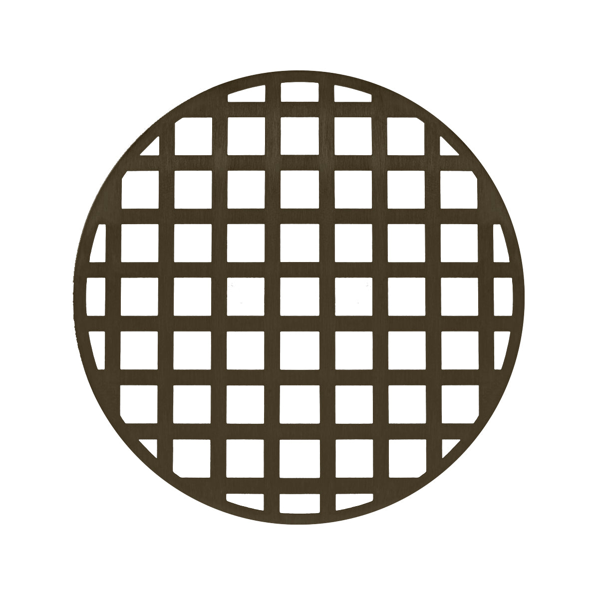 Round oil rubbed bronze drain cover with grid pattern cutouts, 5 inches diameter.