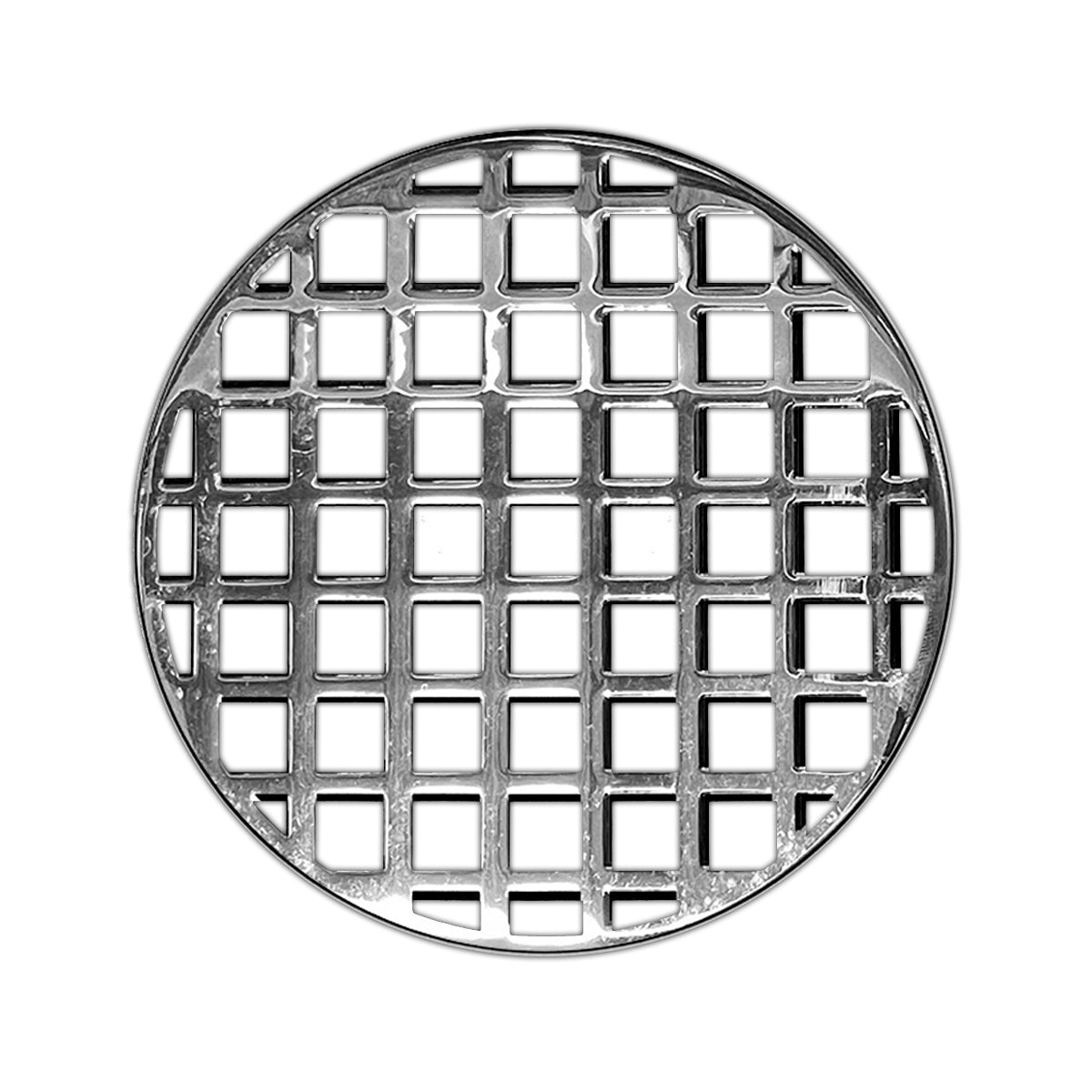 Round polished stainless steel drain cover with grid pattern of square openings and raised outer rim.