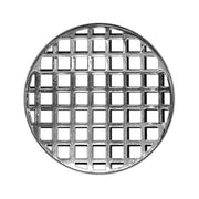 Round polished stainless steel drain cover with grid pattern of square openings and raised outer rim.