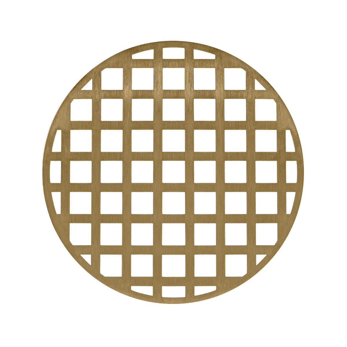 Round satin bronze drain cover with grid pattern cutouts, 5 inches in diameter.