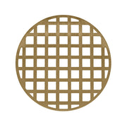 Round satin bronze drain cover with grid pattern cutouts, 5 inches in diameter.