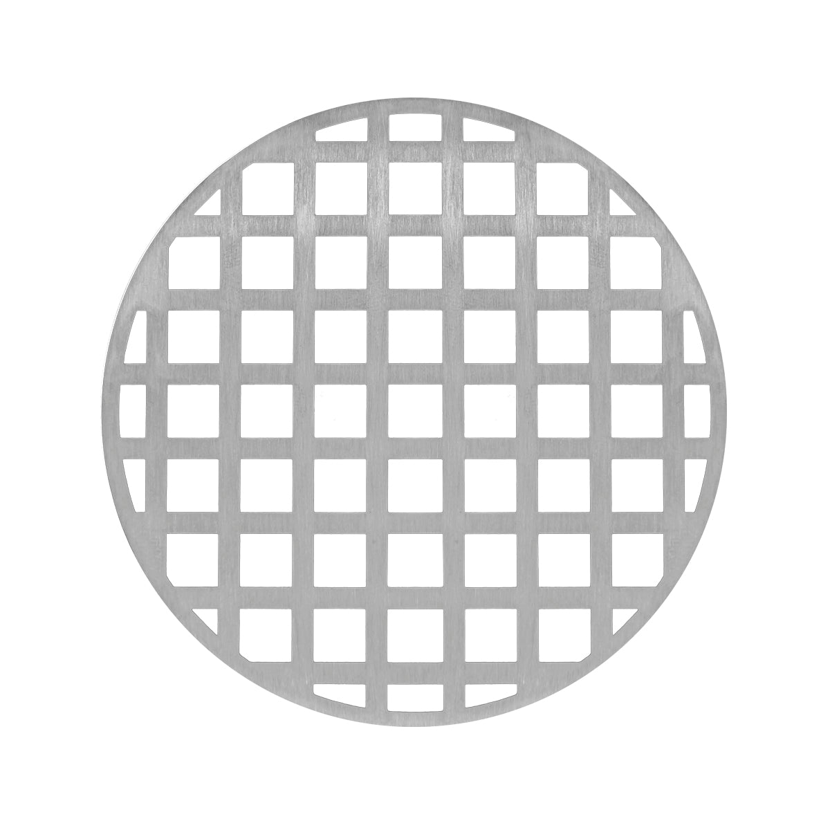 Round satin stainless steel drain cover with grid pattern and center opening.