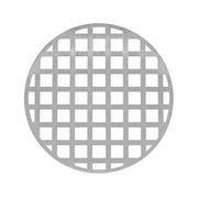 Round satin stainless steel drain cover with grid pattern and center opening.
