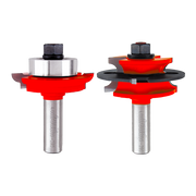Two router bits with red and black components, silver metal shanks, and black hex collets for woodworking applications.
