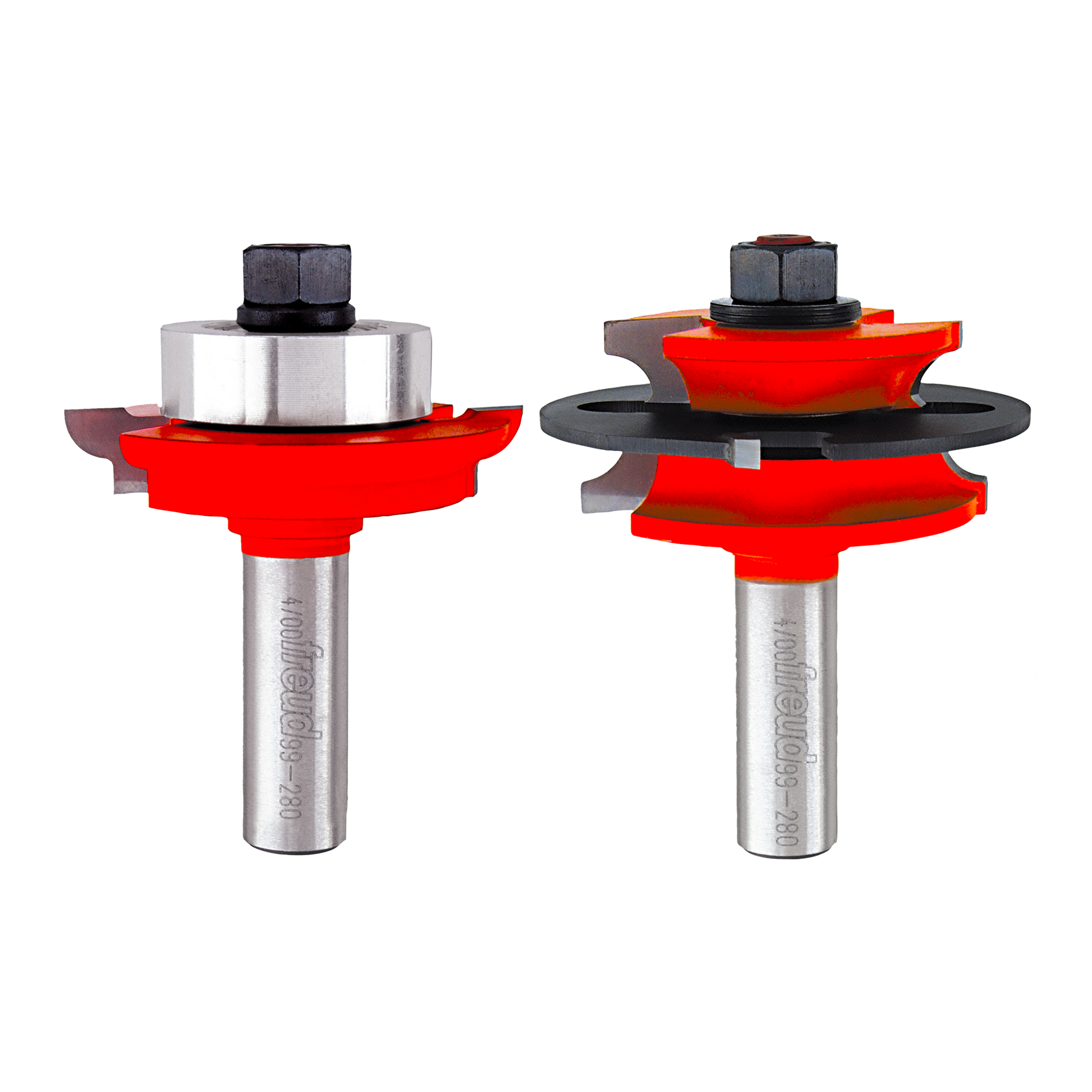 Two router bits with red and black components, silver metal shanks, and black hex collets for woodworking applications.
