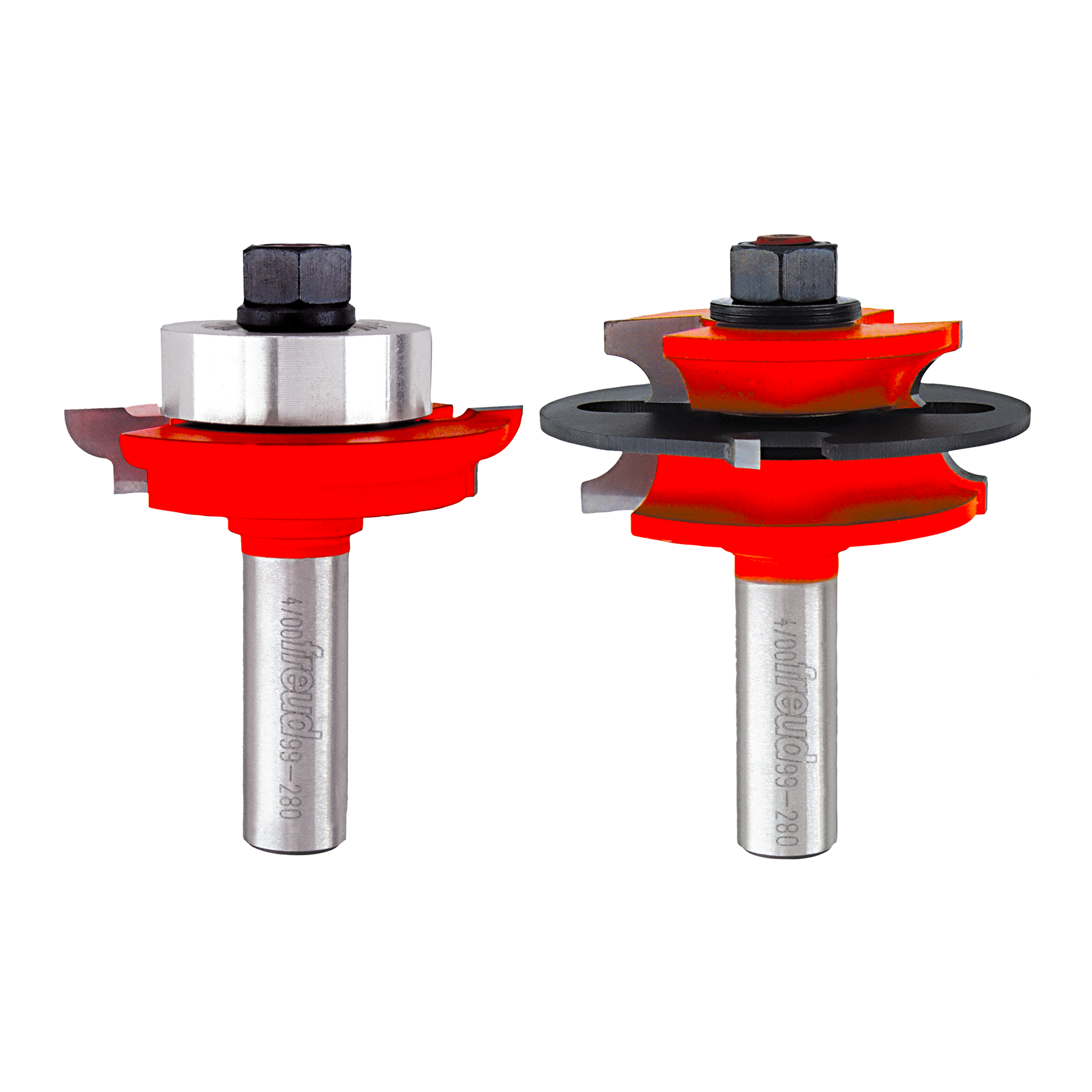 Two router bits with red and black components, silver metal shanks, and black hex collets for woodworking applications.