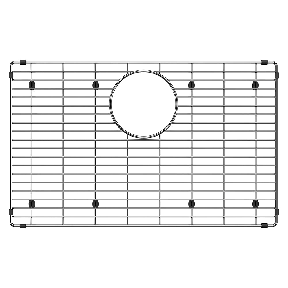 Stainless steel sink grid with horizontal and vertical bars, circular drain opening, and eight black rubber feet.