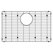 Stainless steel sink grid with horizontal and vertical bars, circular drain opening, and eight black rubber feet.