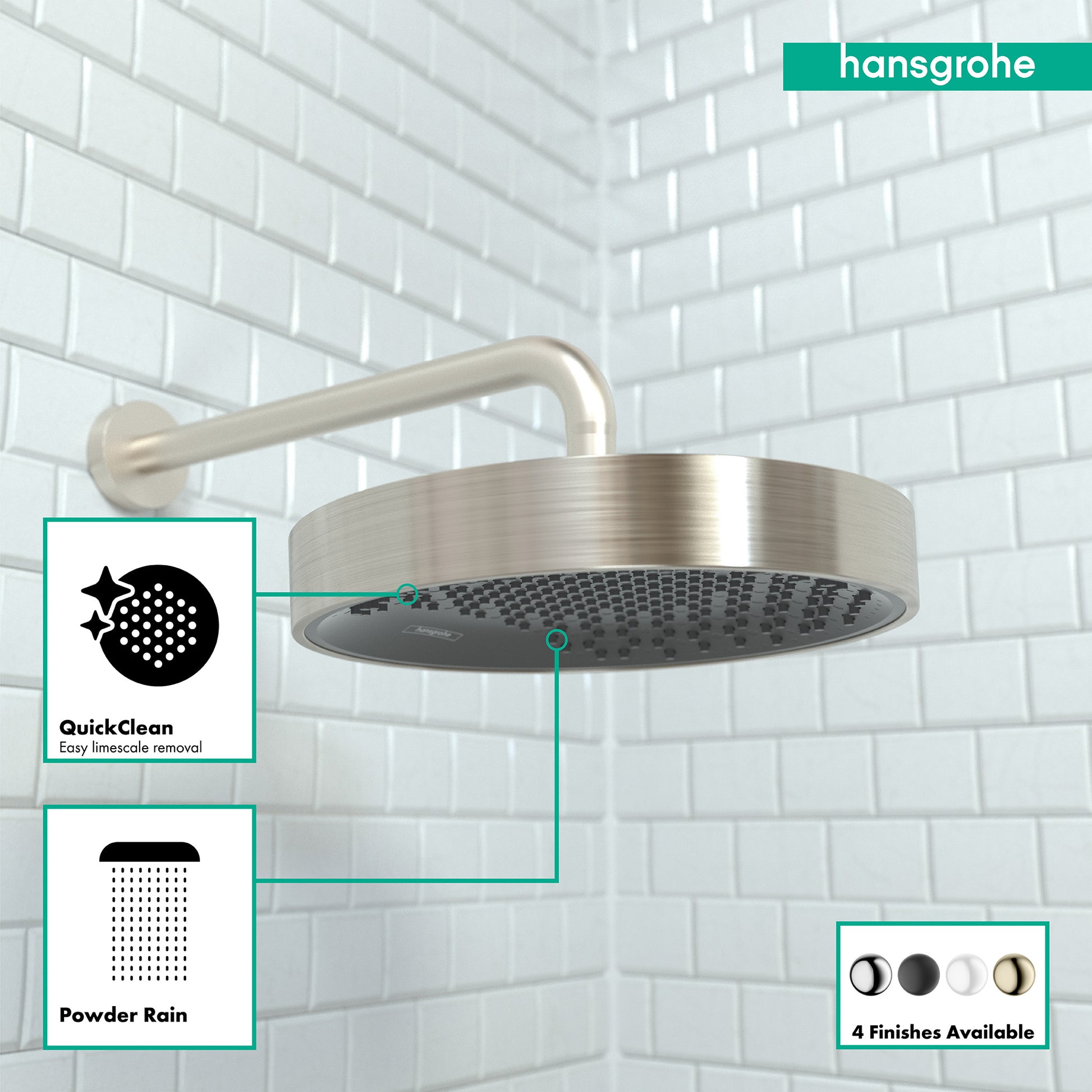 Brushed nickel round shower head with curved arm mount and perforated spray face against white subway tile background.