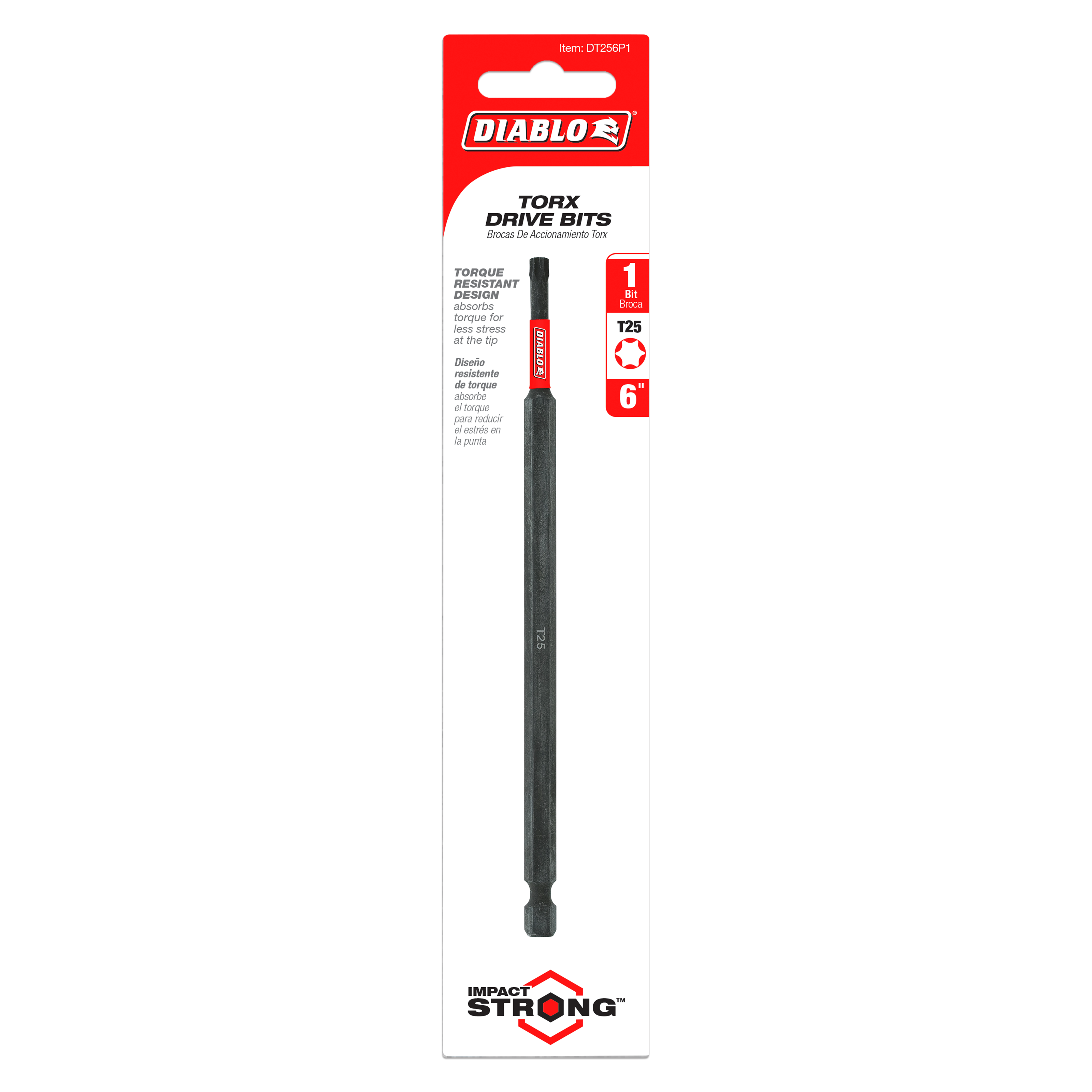 Diablo T25 Torx drive bit, 6 inches long, black with red branding on packaging.
