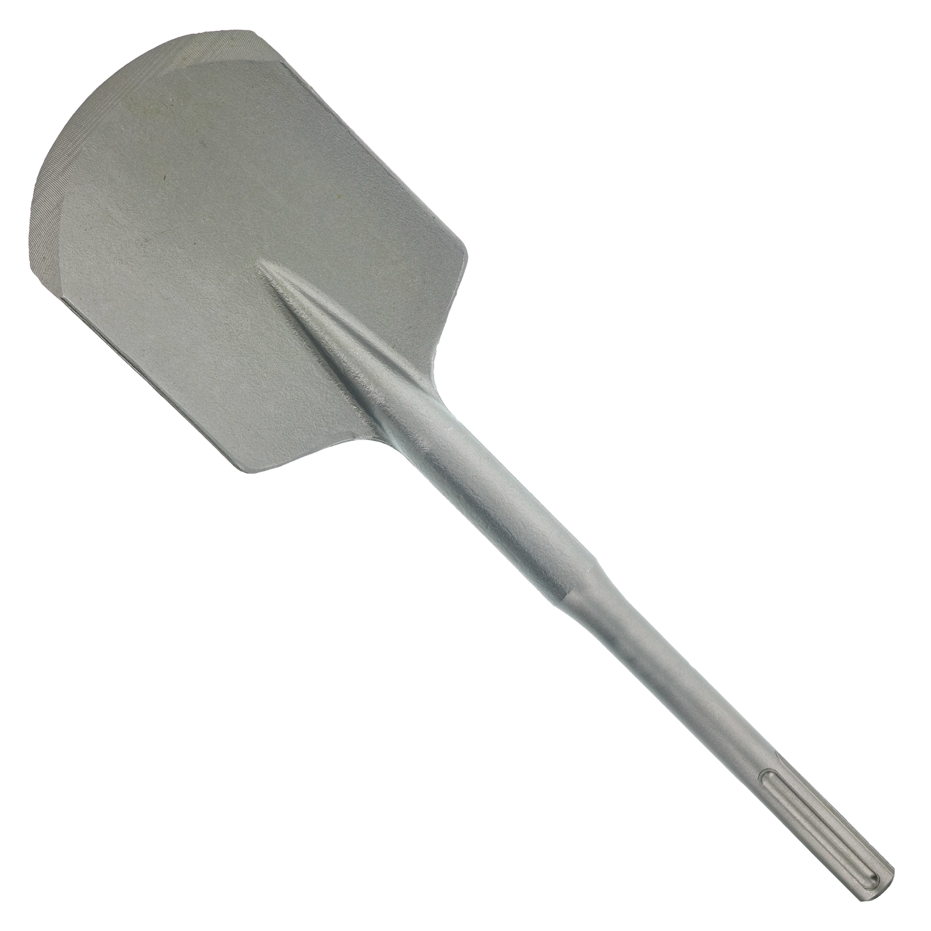 Single gray SDS-Max clay spade chisel with flat rectangular head and ribbed shaft.