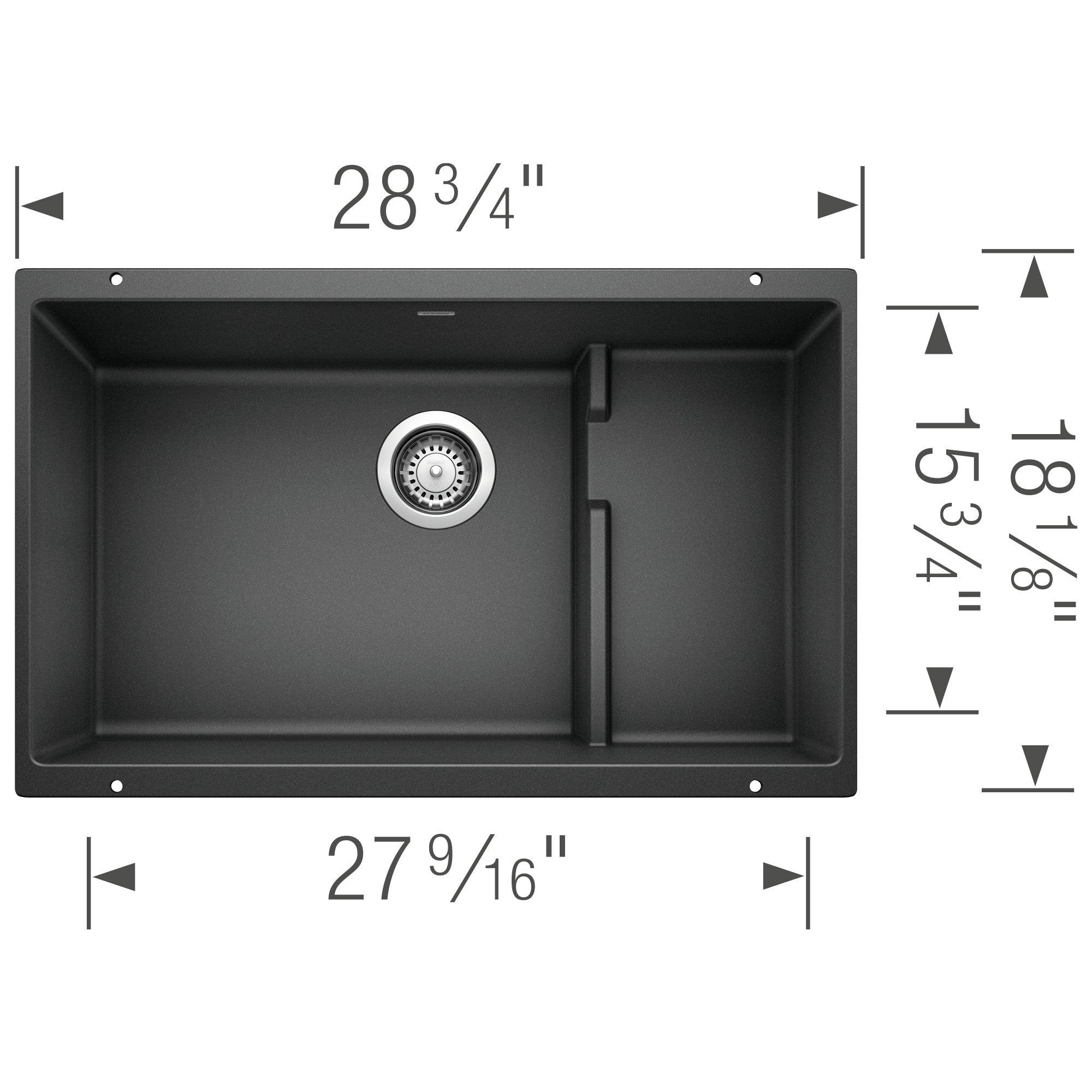 Anthracite undermount kitchen sink with single large basin and smaller right basin, featuring stainless steel drain strainer.