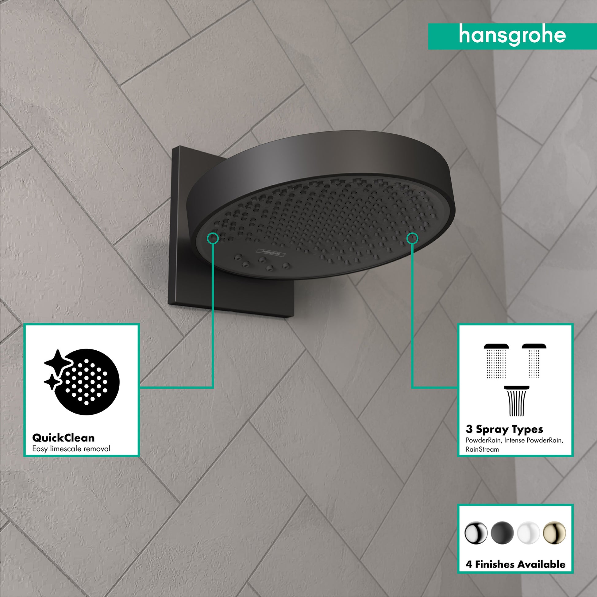 Matte black round shower head with wall-mounted connector, featuring three spray patterns and QuickClean nozzles.