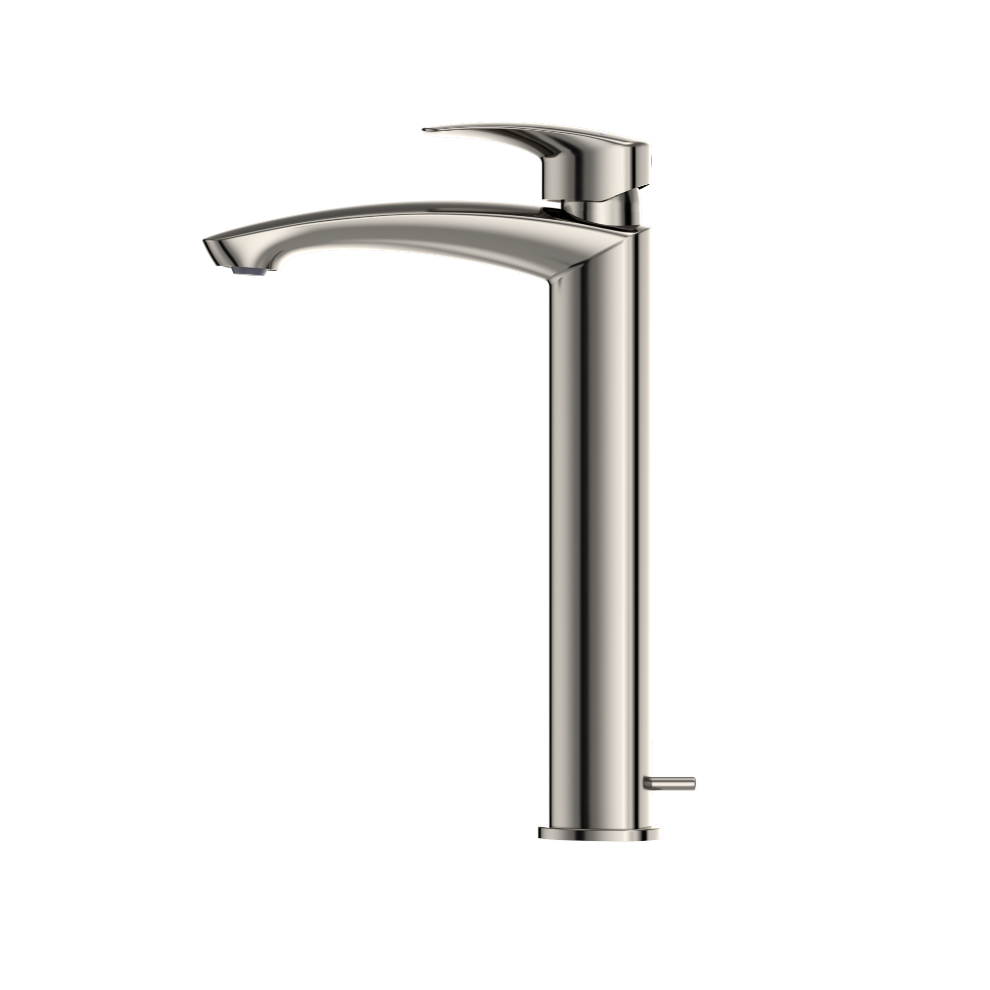 Polished nickel single-handle vessel sink faucet with tall curved spout and lever control.