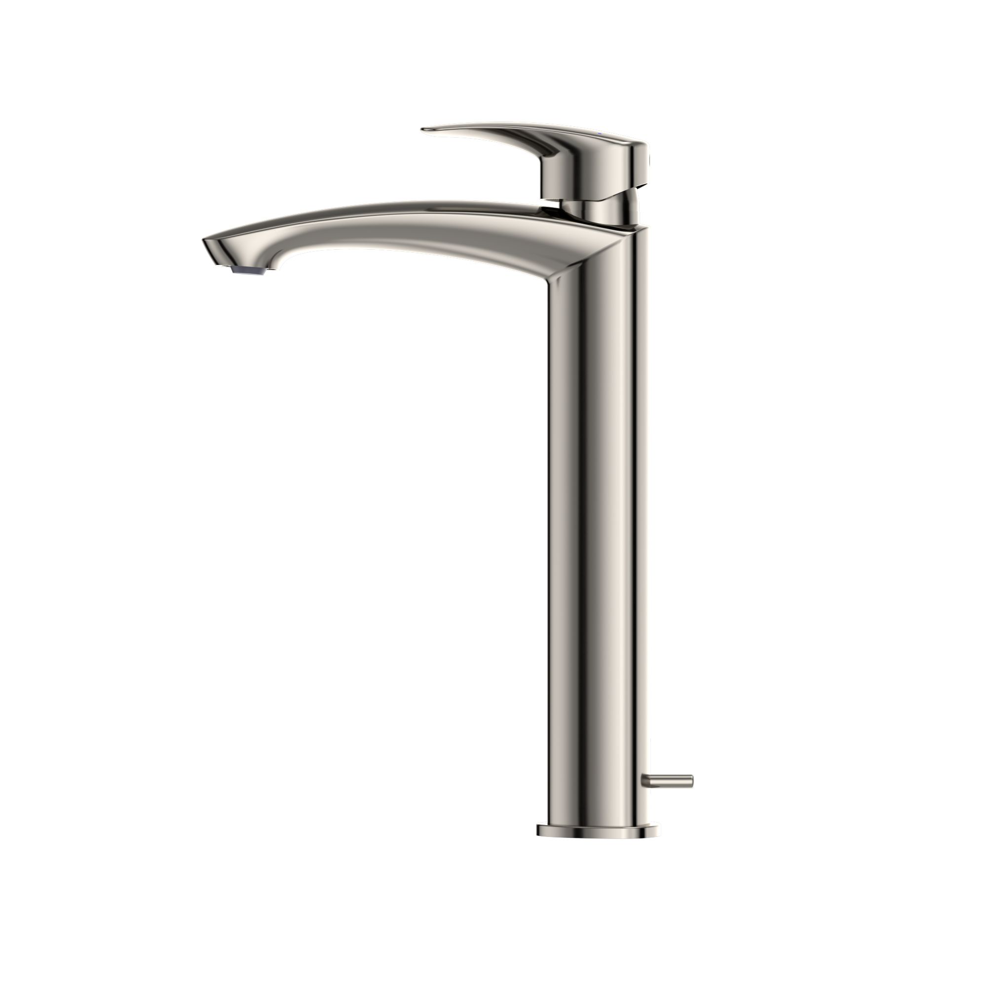 Polished nickel single-handle vessel sink faucet with tall curved spout and lever control.