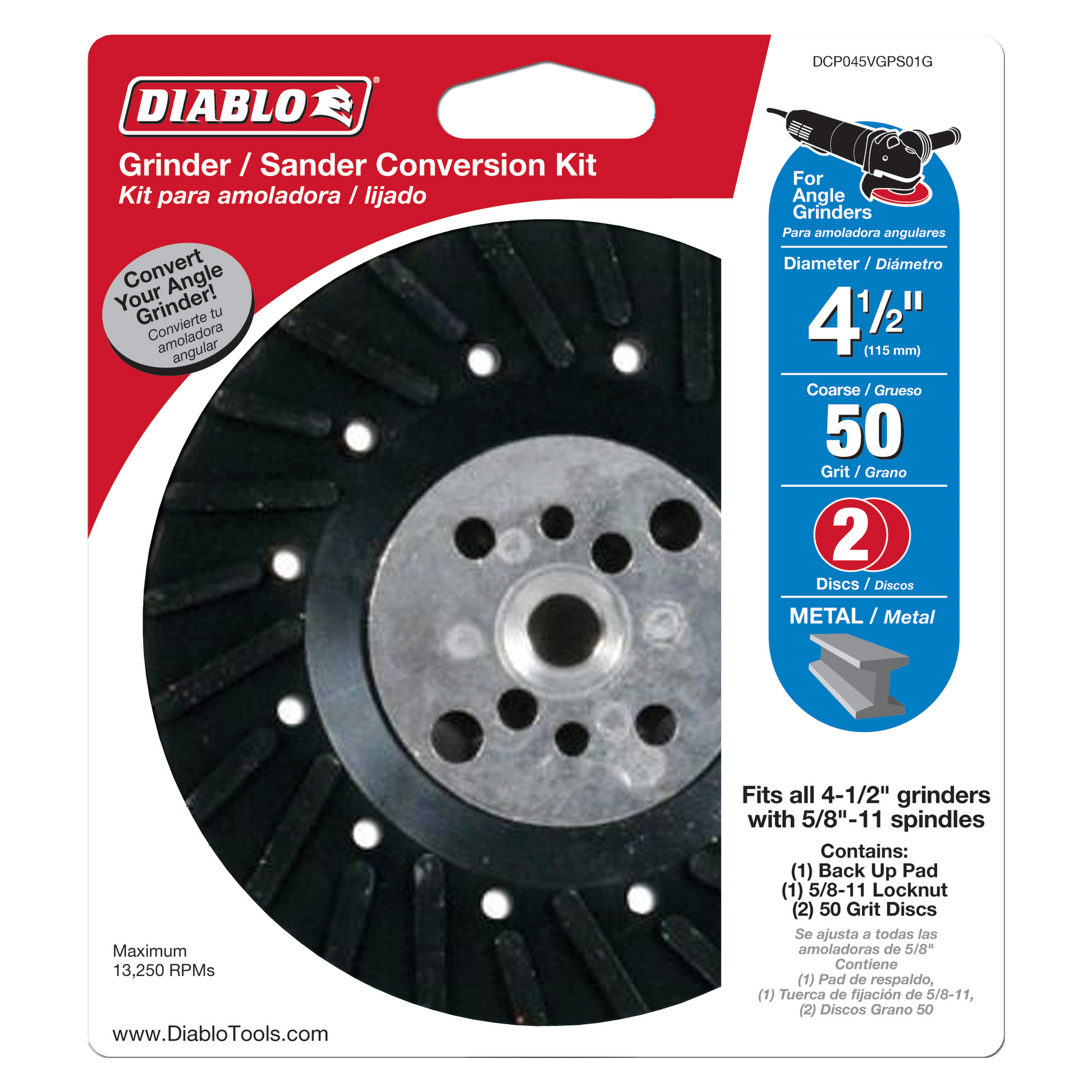 Diablo 4-1/2 inch grinder/sander conversion kit with black backing pad and two 50-grit metal discs.