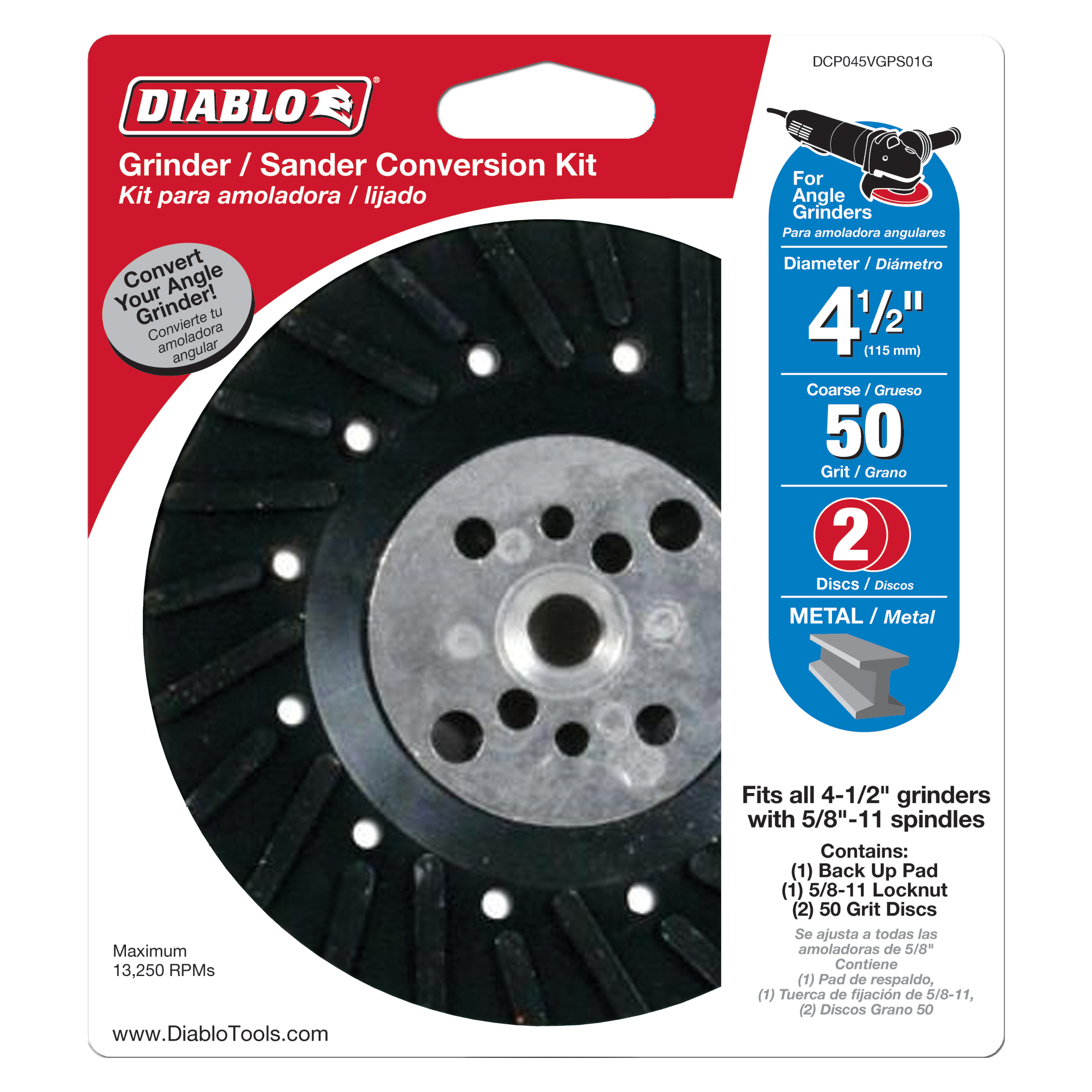 Diablo 4-1/2 inch grinder/sander conversion kit with black backing pad and two 50-grit metal discs.