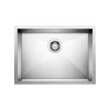 Stainless steel single bowl undermount sink with polished finish and drain opening.