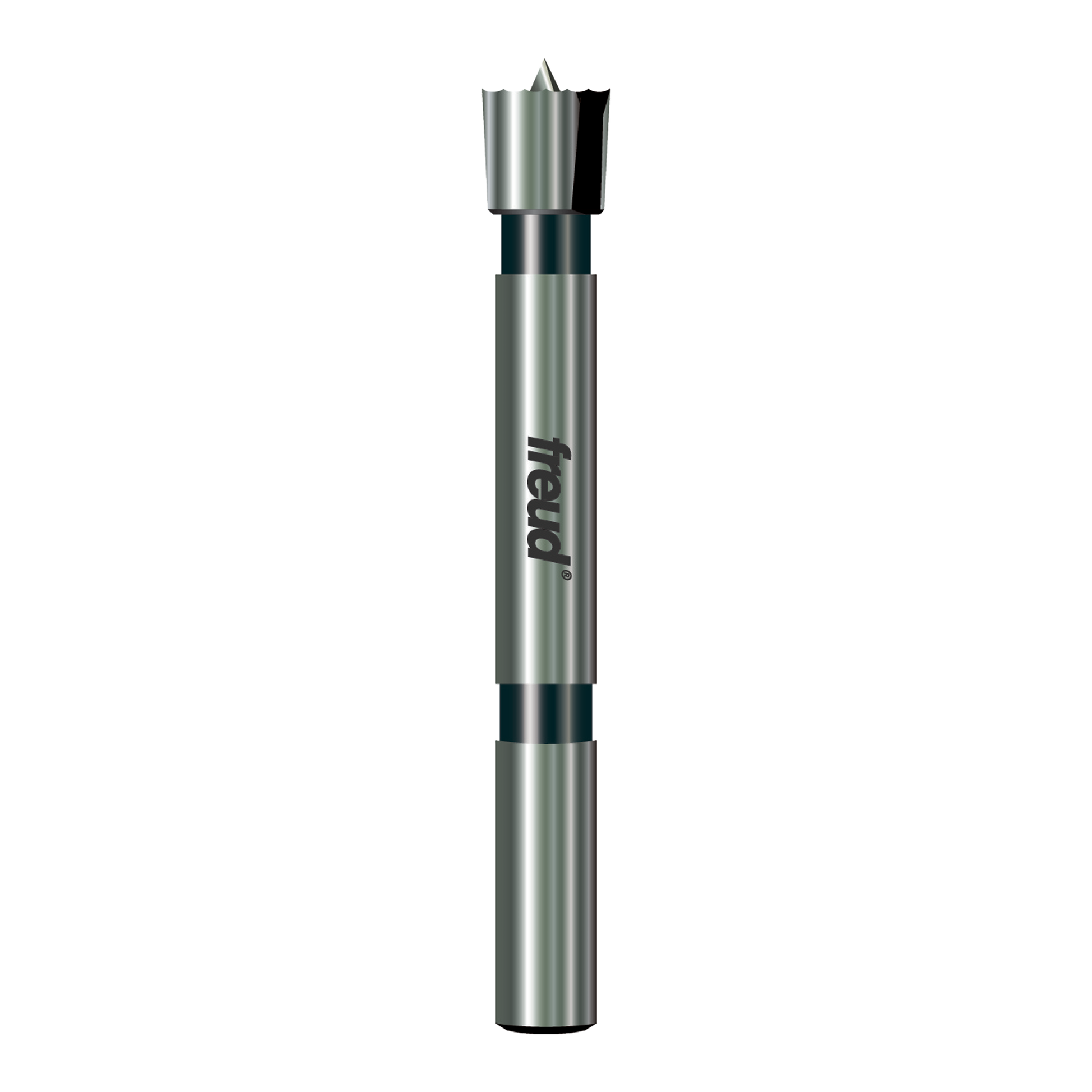 Freud brand 1/2-inch diameter Forstner bit with silver and black metal construction and pointed cutting head.