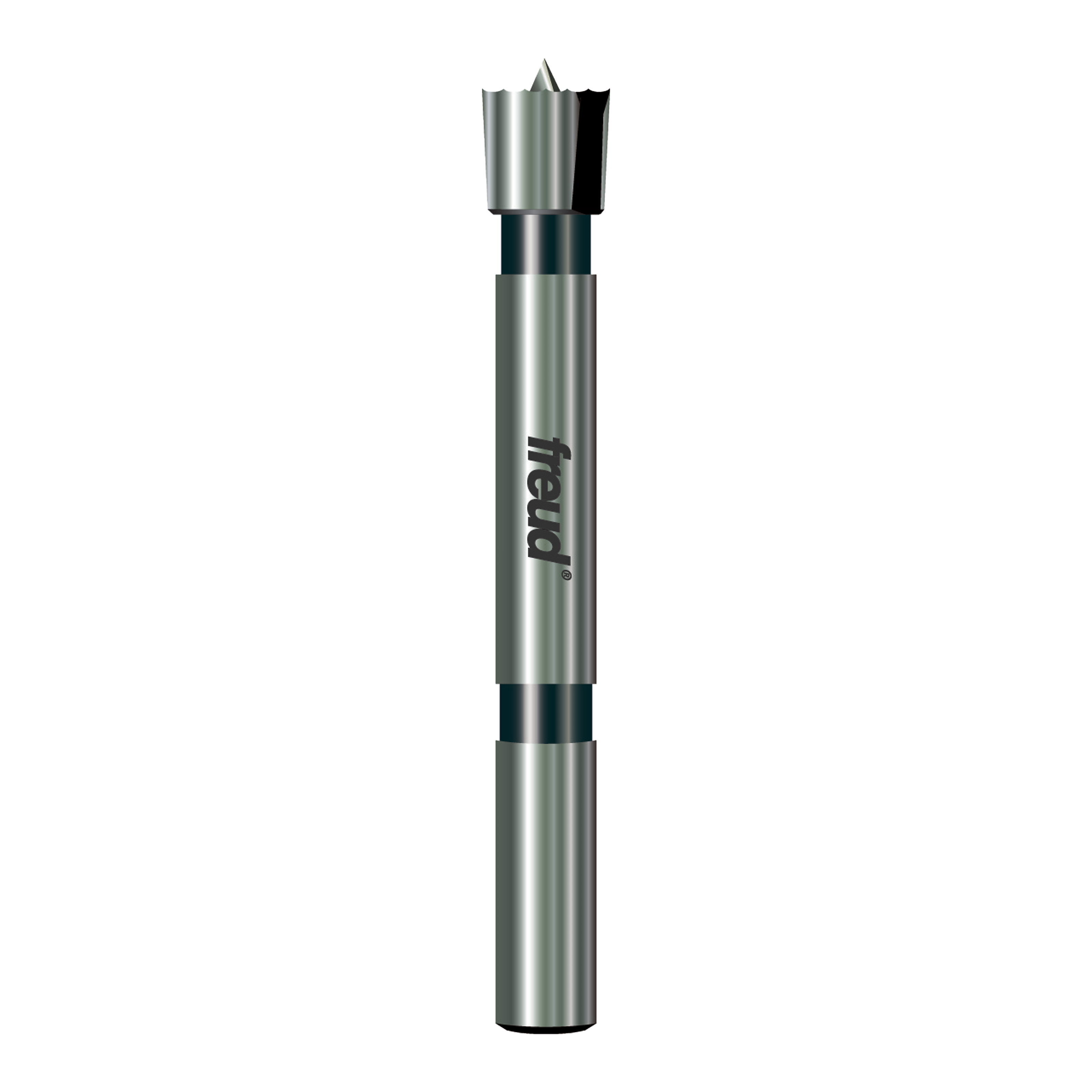 Freud brand 1/2-inch diameter Forstner bit with silver and black metal construction and pointed cutting head.