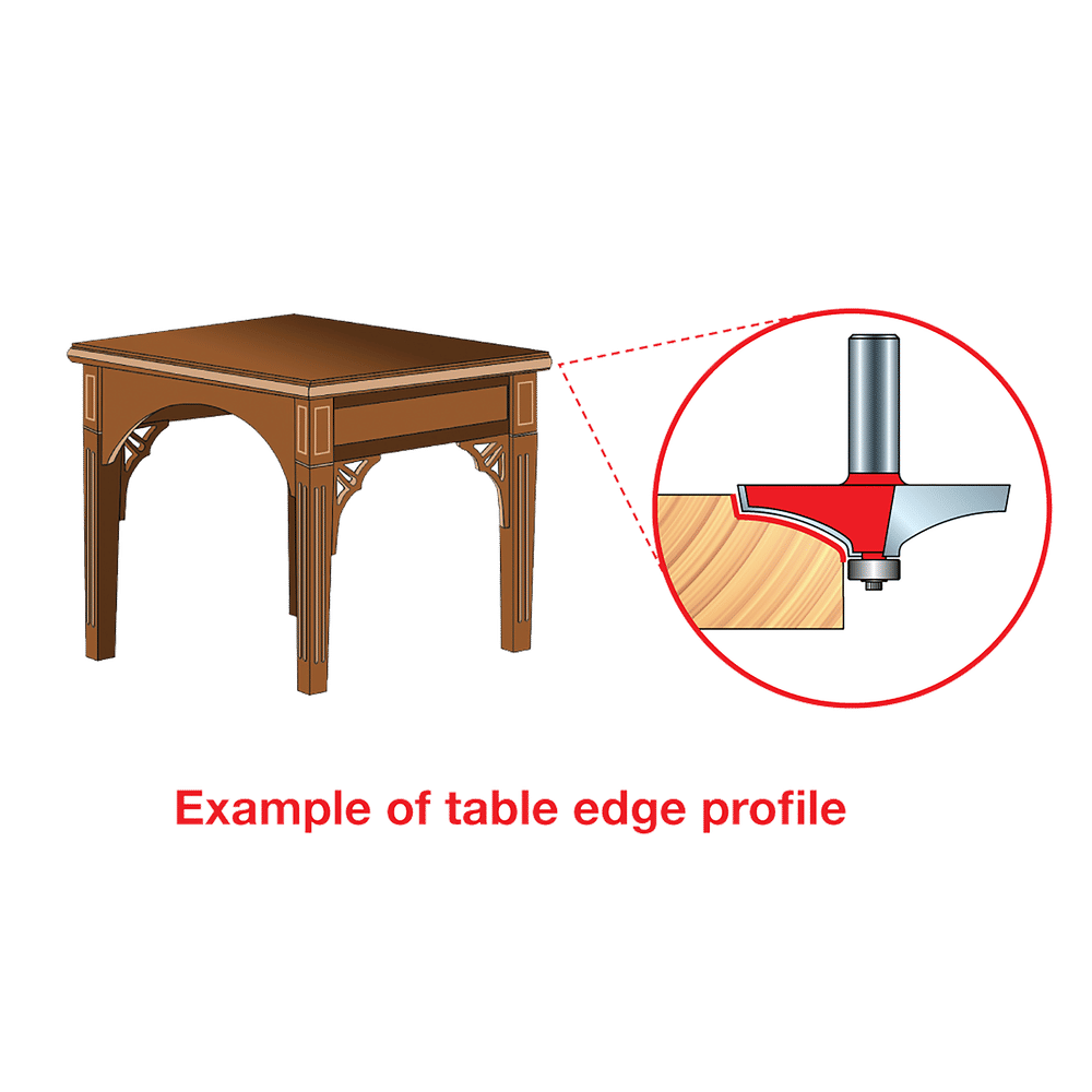 Router bit with gray shank and red cutting profile shown in cross-section with wood sample and table example.