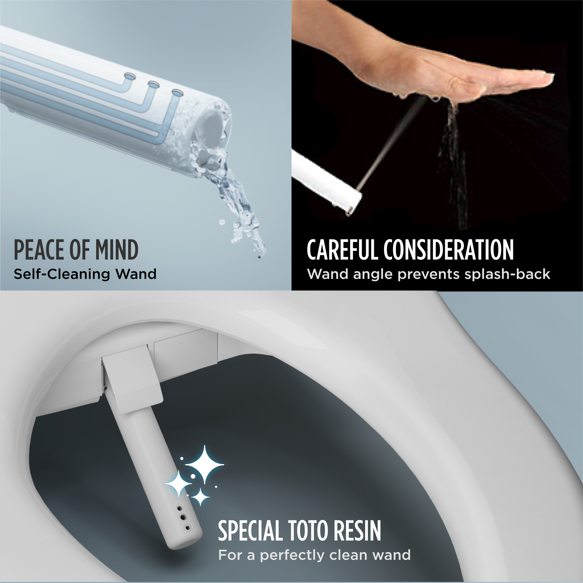 Cotton white elongated bidet seat with self-cleaning wand and attached remote control.