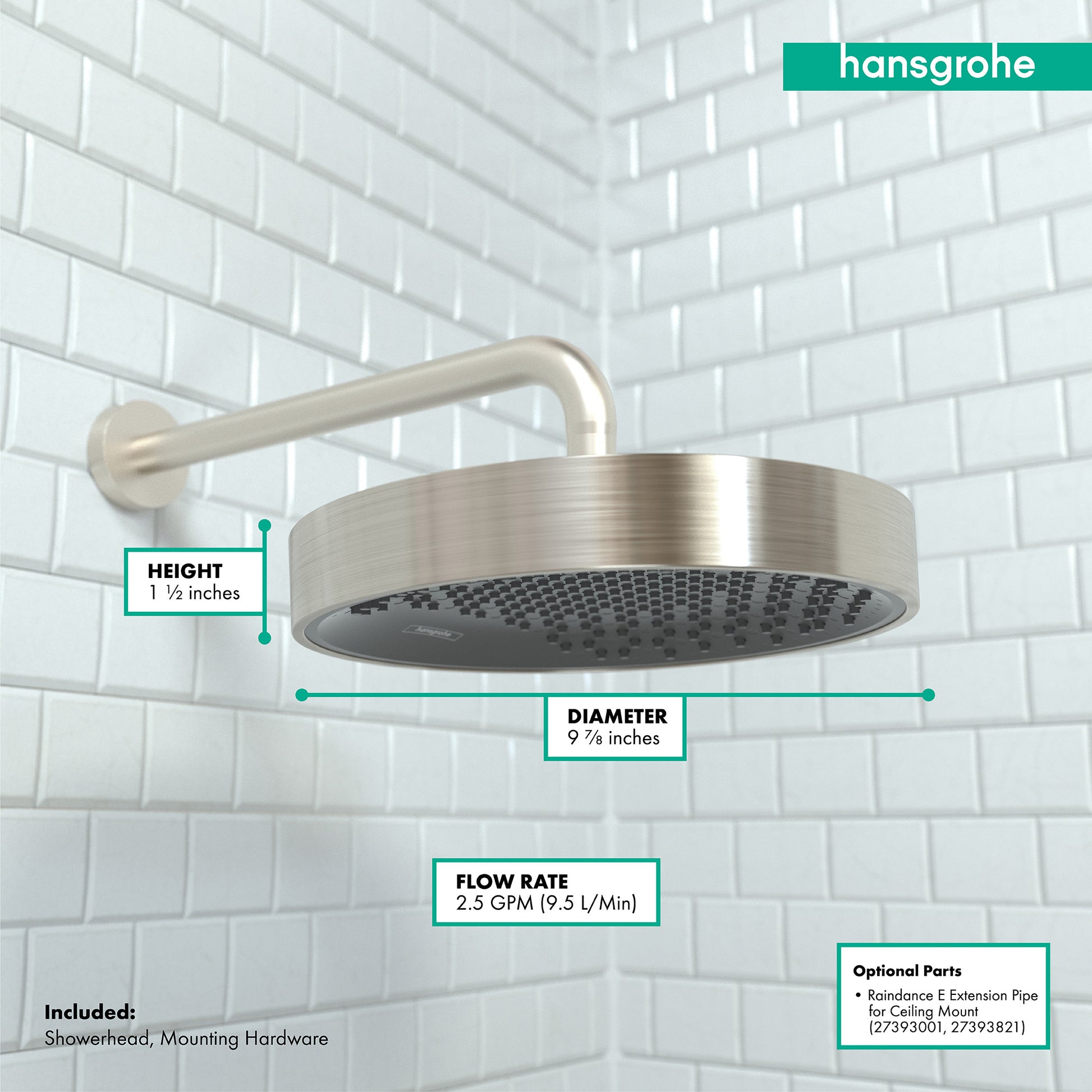 Brushed nickel round shower head with curved arm mount, 9⅞ inches diameter, against white subway tile background.