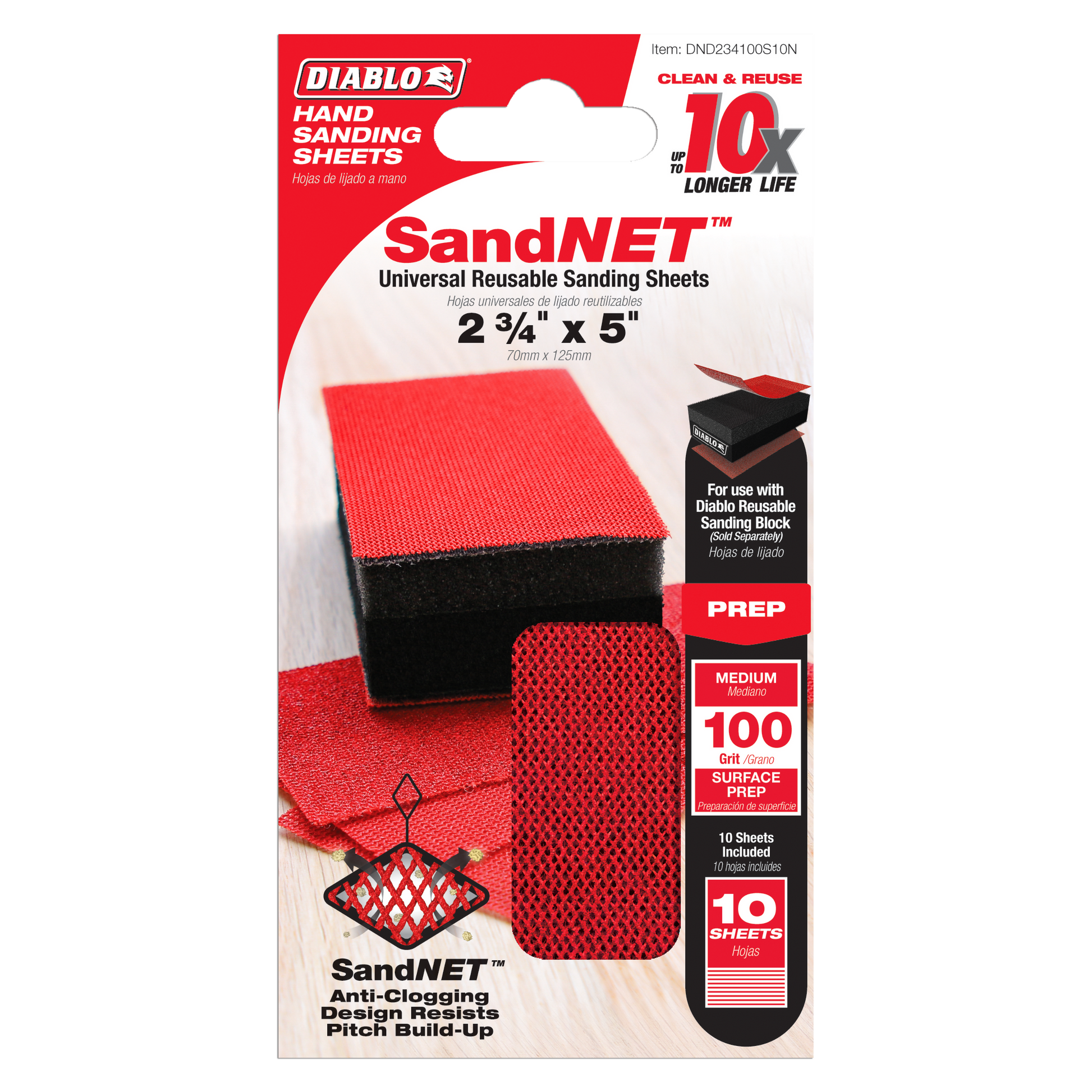 Diablo SandNET 2-3/4" x 5" red 100-grit reusable sanding sheets, 10-piece pack with black sanding block.