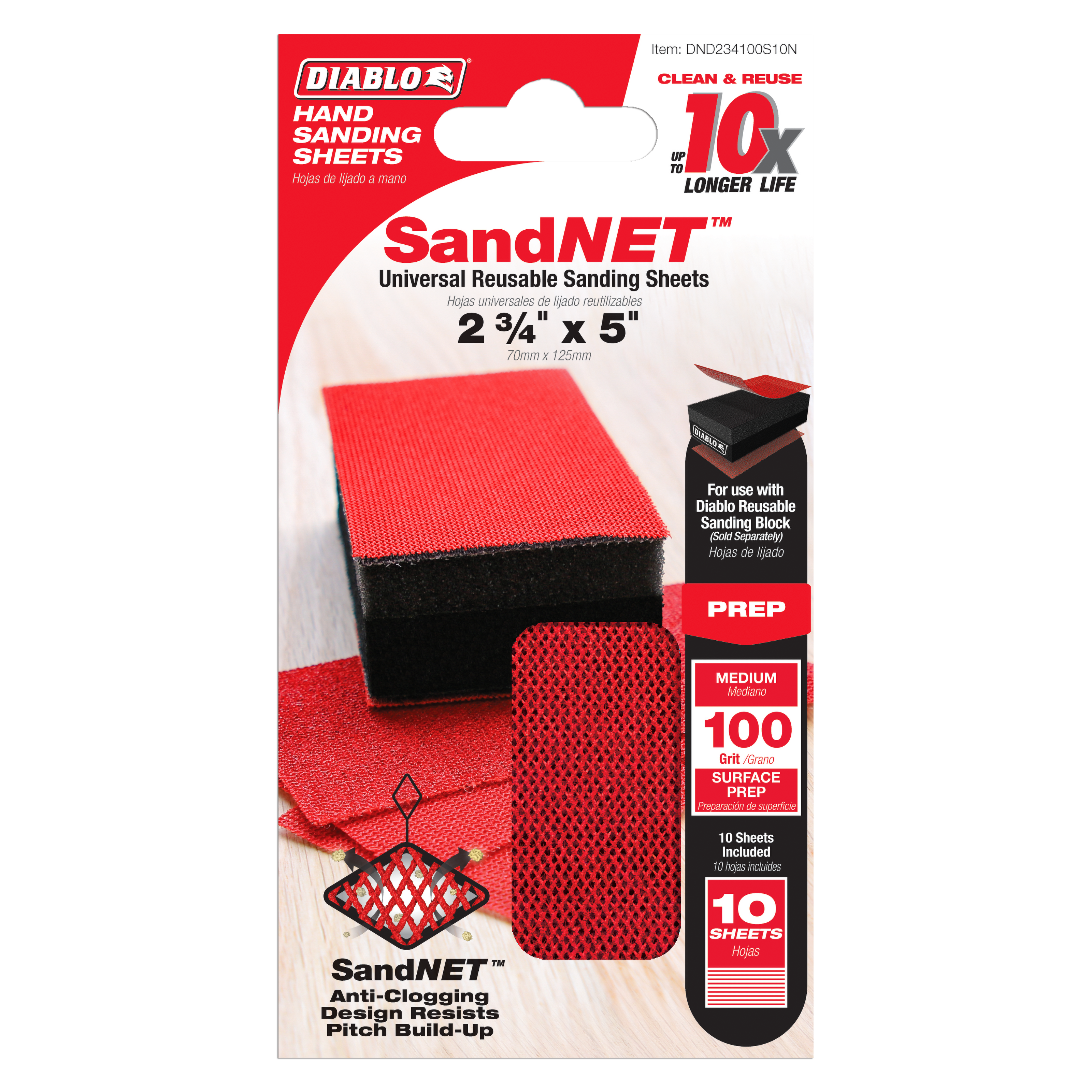 Diablo SandNET 2-3/4" x 5" red 100-grit reusable sanding sheets, 10-piece pack with black sanding block.