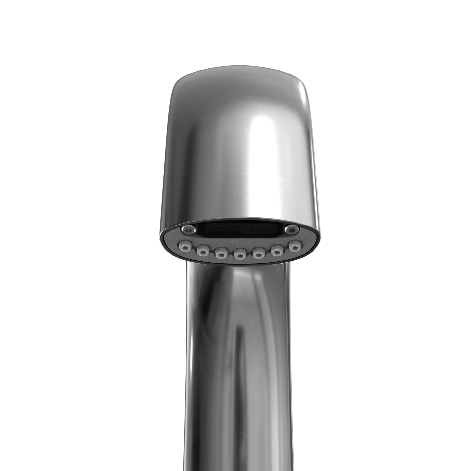 Polished chrome gooseneck bathroom faucet with cylindrical aerator head and multiple water jets.
