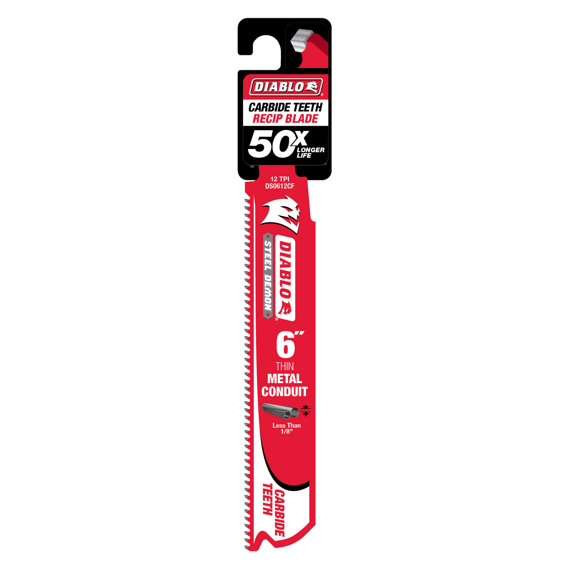 Diablo 6-inch red reciprocating saw blade with carbide teeth for thin metal conduit cutting in retail packaging.
