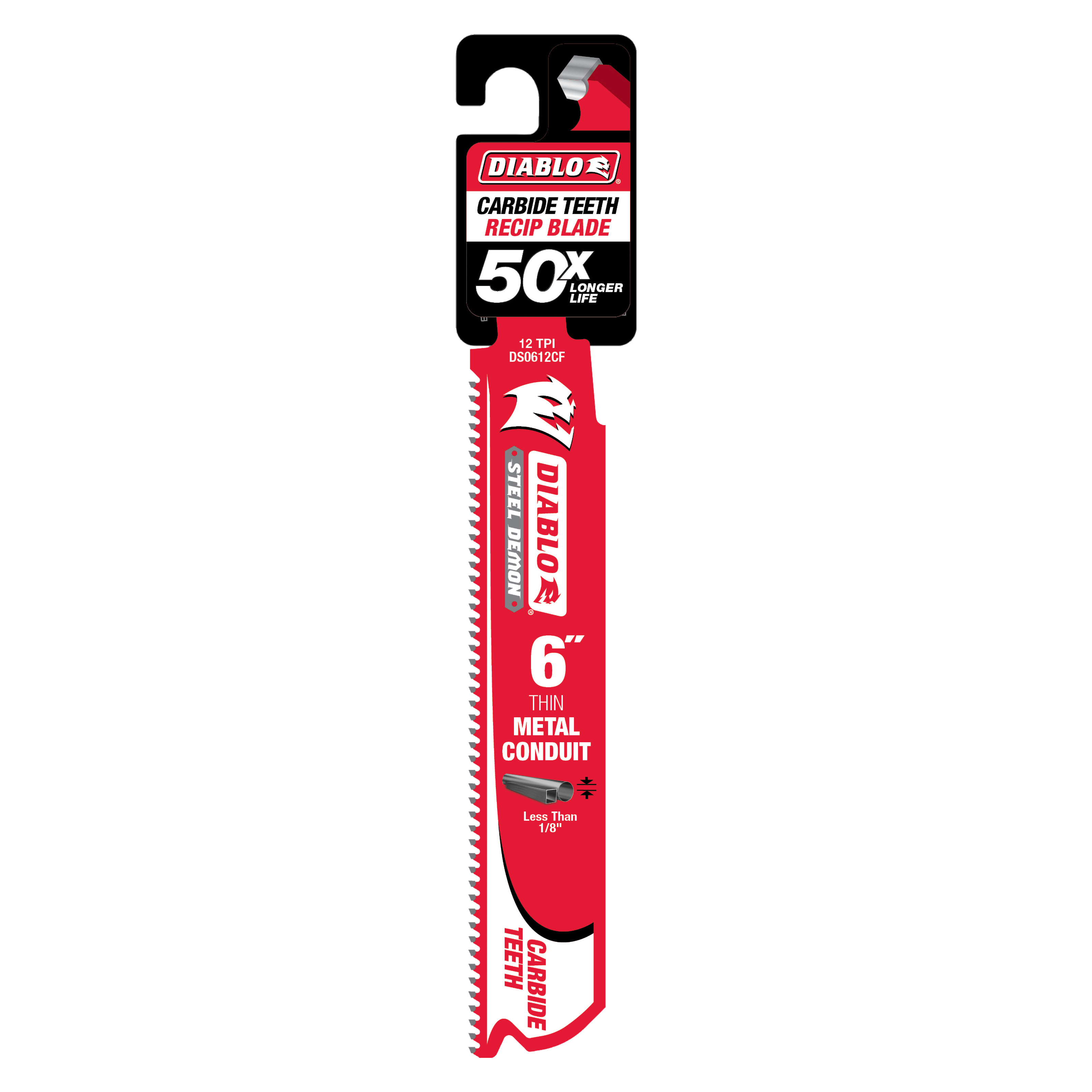 Diablo 6-inch red reciprocating saw blade with carbide teeth for thin metal conduit cutting in retail packaging.