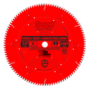 Red circular saw blade with 108 teeth, labeled "Freud Industrial" for double-sided laminate and melamine cutting.