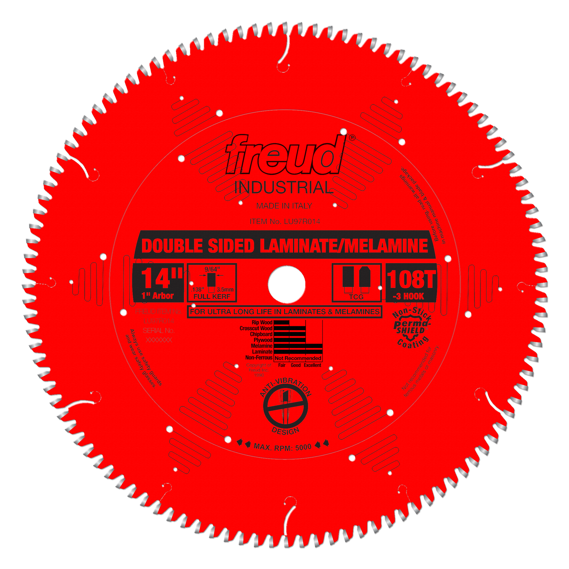 Red circular saw blade with 108 teeth, labeled "Freud Industrial" for double-sided laminate and melamine cutting.