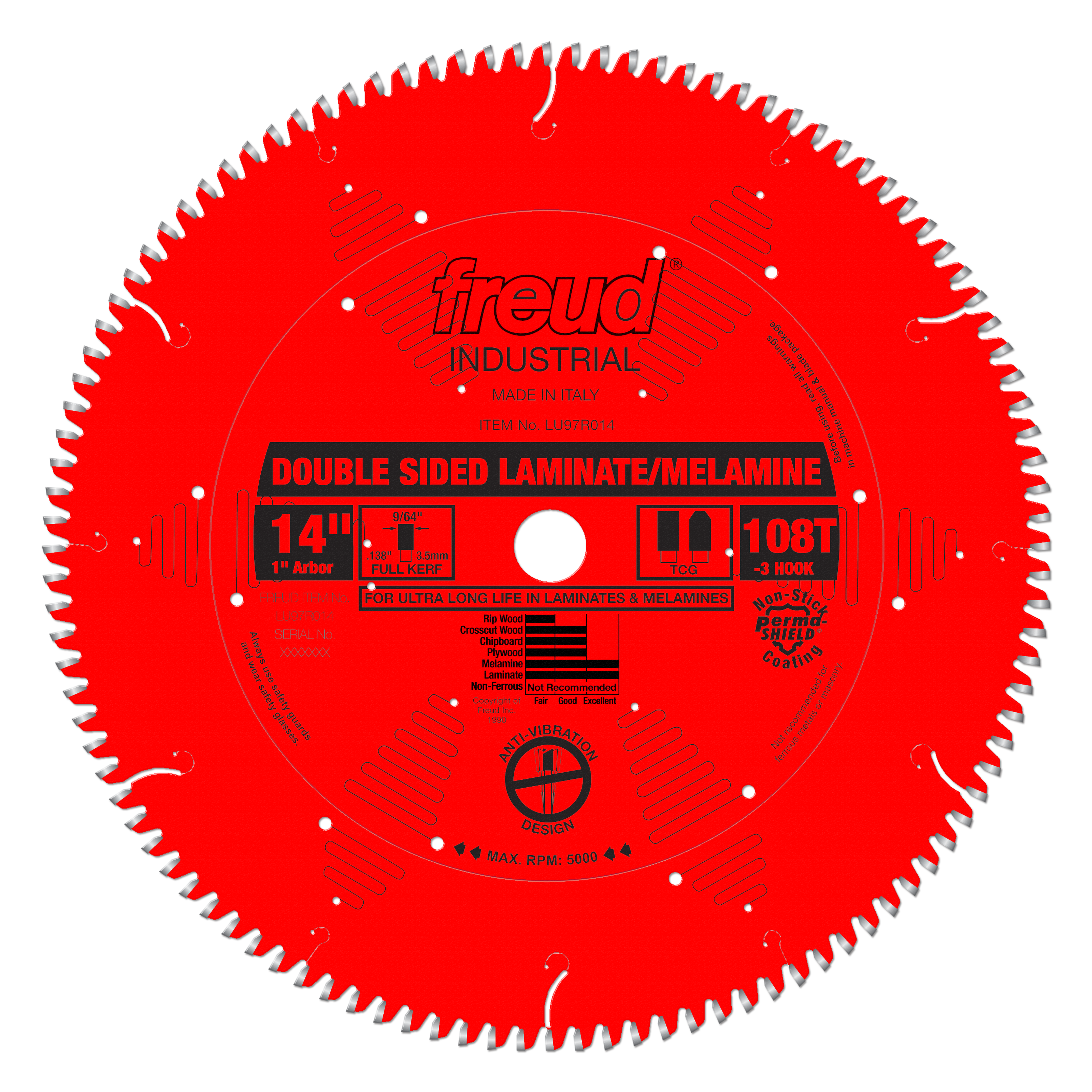 Red circular saw blade with 108 teeth, labeled "Freud Industrial" for double-sided laminate and melamine cutting.