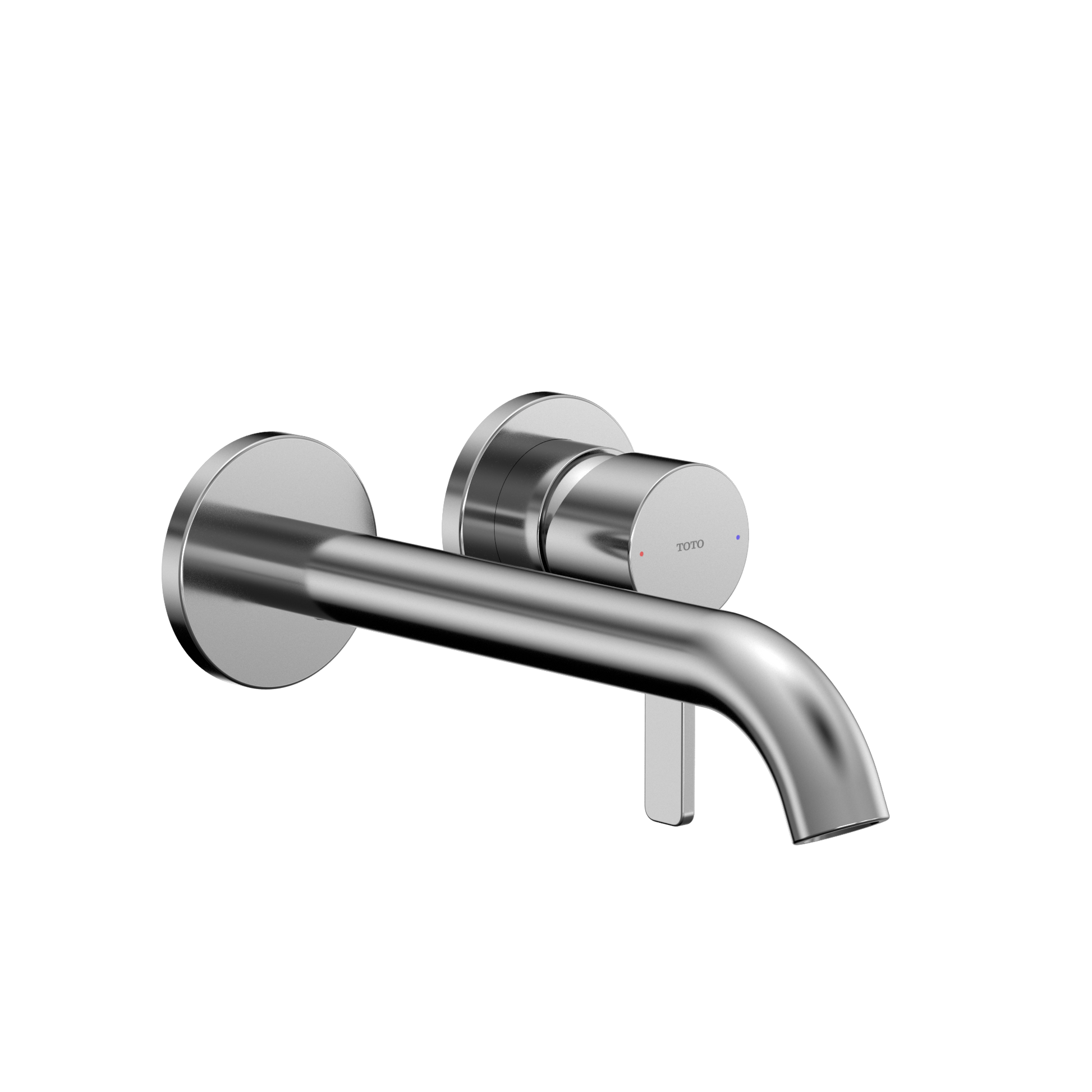 Polished chrome wall-mount bathroom faucet with single handle and curved spout.