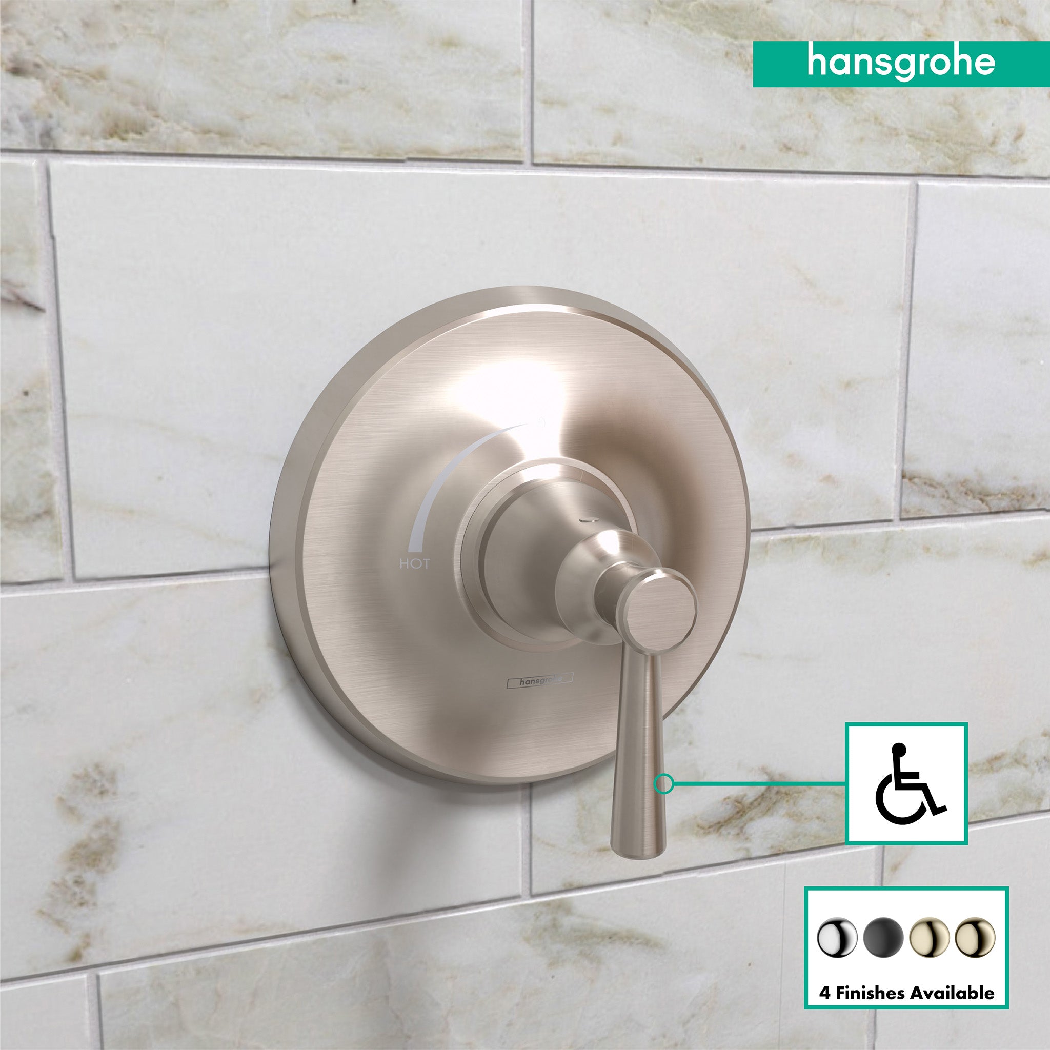 Brushed nickel round pressure balance valve trim with single lever handle mounted on marble subway tile wall.
