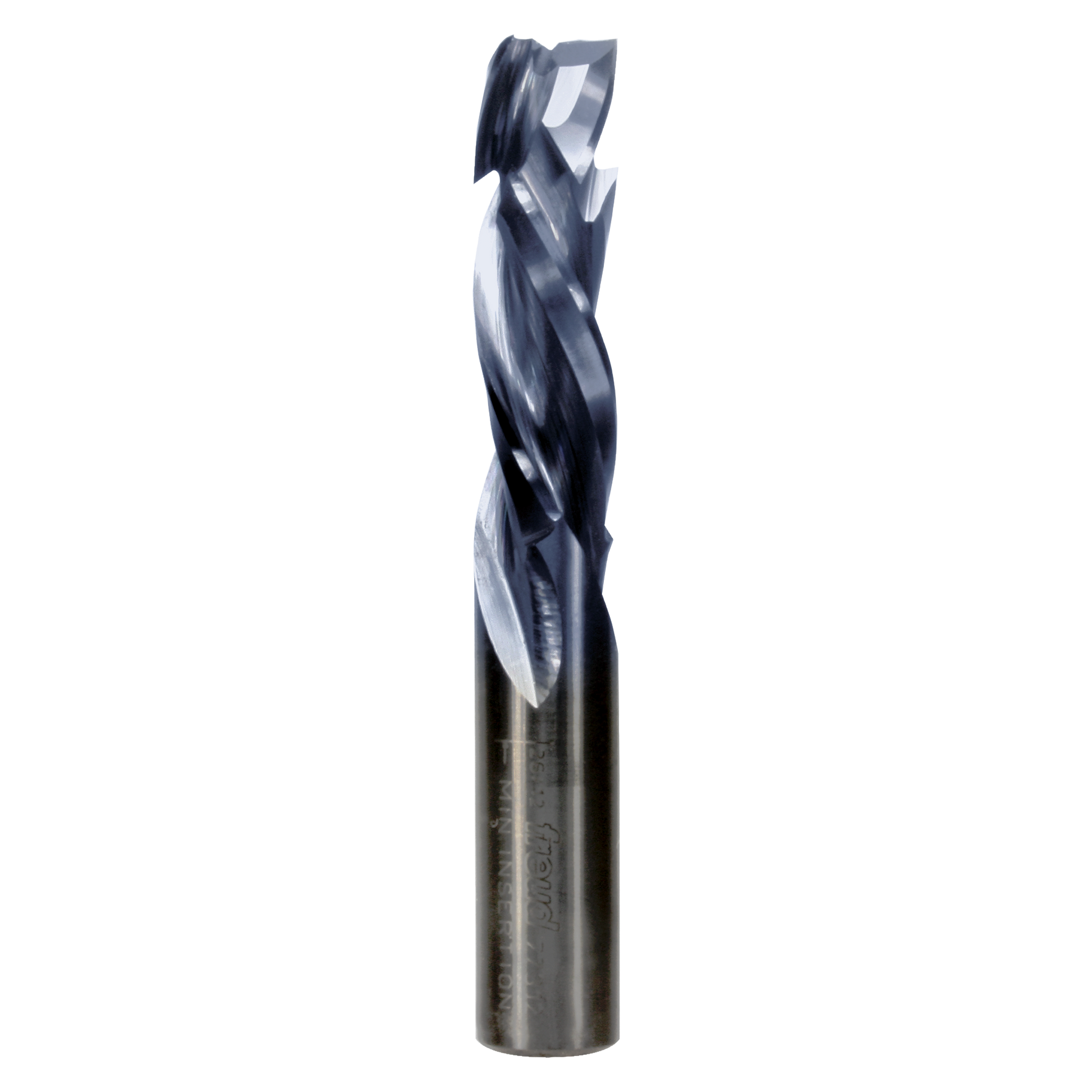 1/2" diameter triple compression router bit with dark metal cutting head and cylindrical shank marked "Freud".