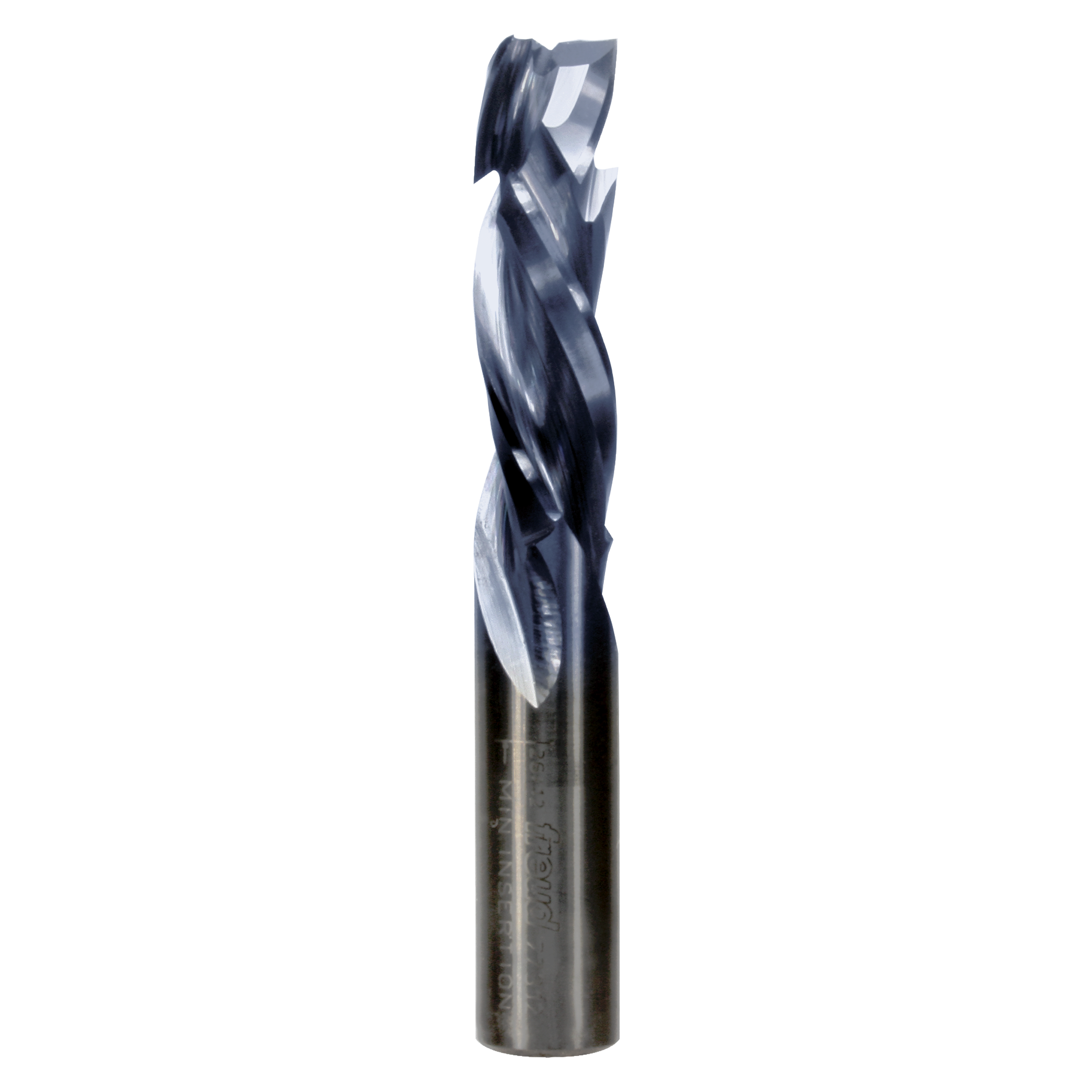 1/2" diameter triple compression router bit with dark metal cutting head and cylindrical shank marked "Freud".