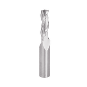 Silver spiral router bit with twisted flutes and cylindrical shank on white background.
