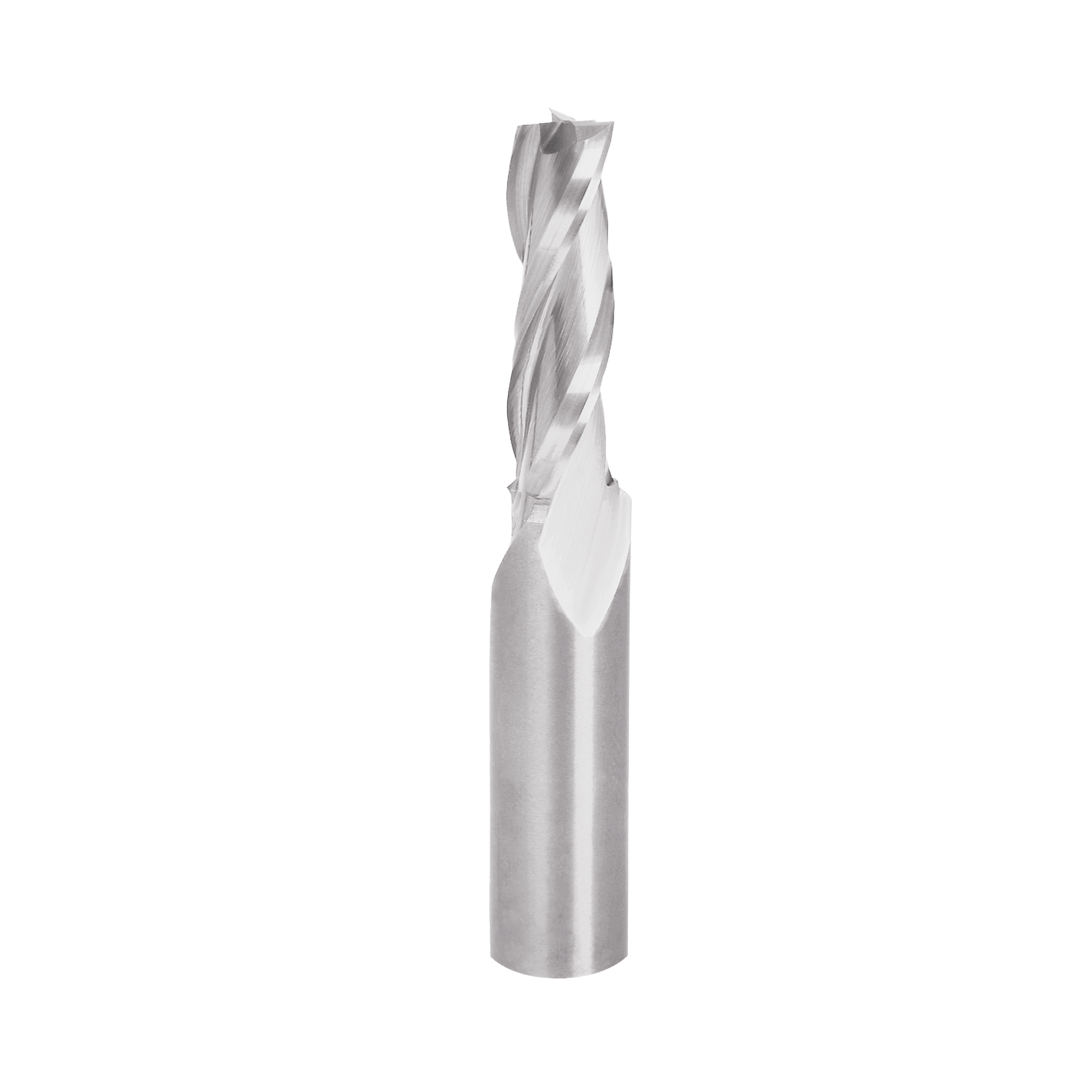 Silver spiral router bit with twisted flutes and cylindrical shank on white background.