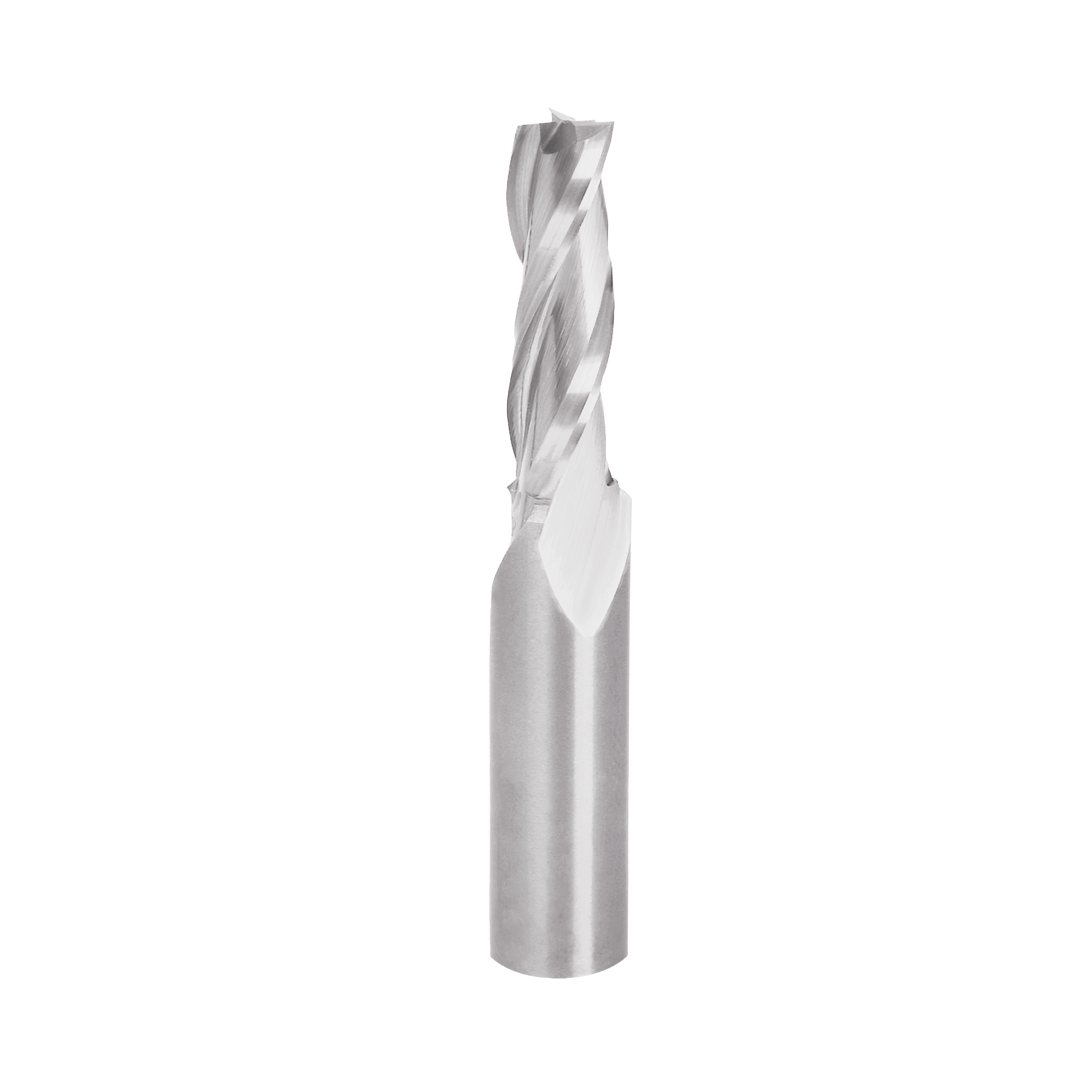 Silver spiral router bit with twisted flutes and cylindrical shank on white background.