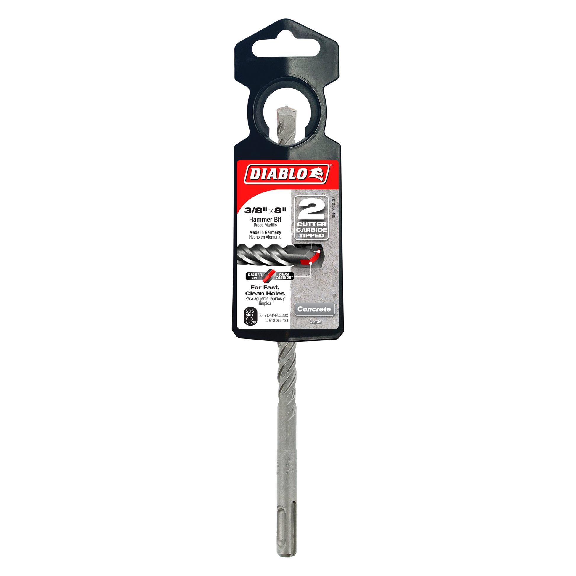 Diablo SDS-Plus hammer drill bit with 2-cutter design in black packaging against white background.
