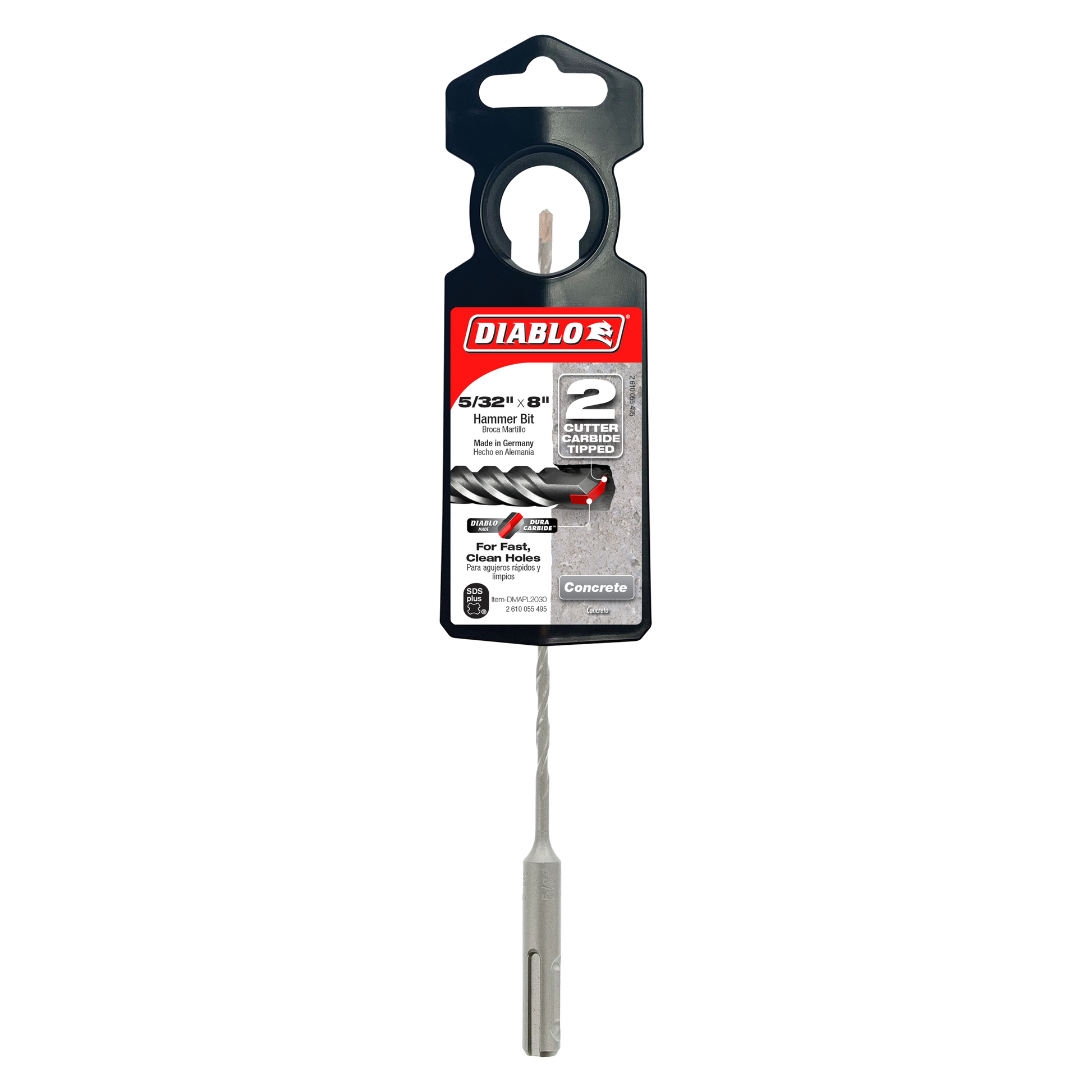 Diablo SDS-Plus drill bit with 2-cutter design attached to black packaging card, 5/32 inch diameter.