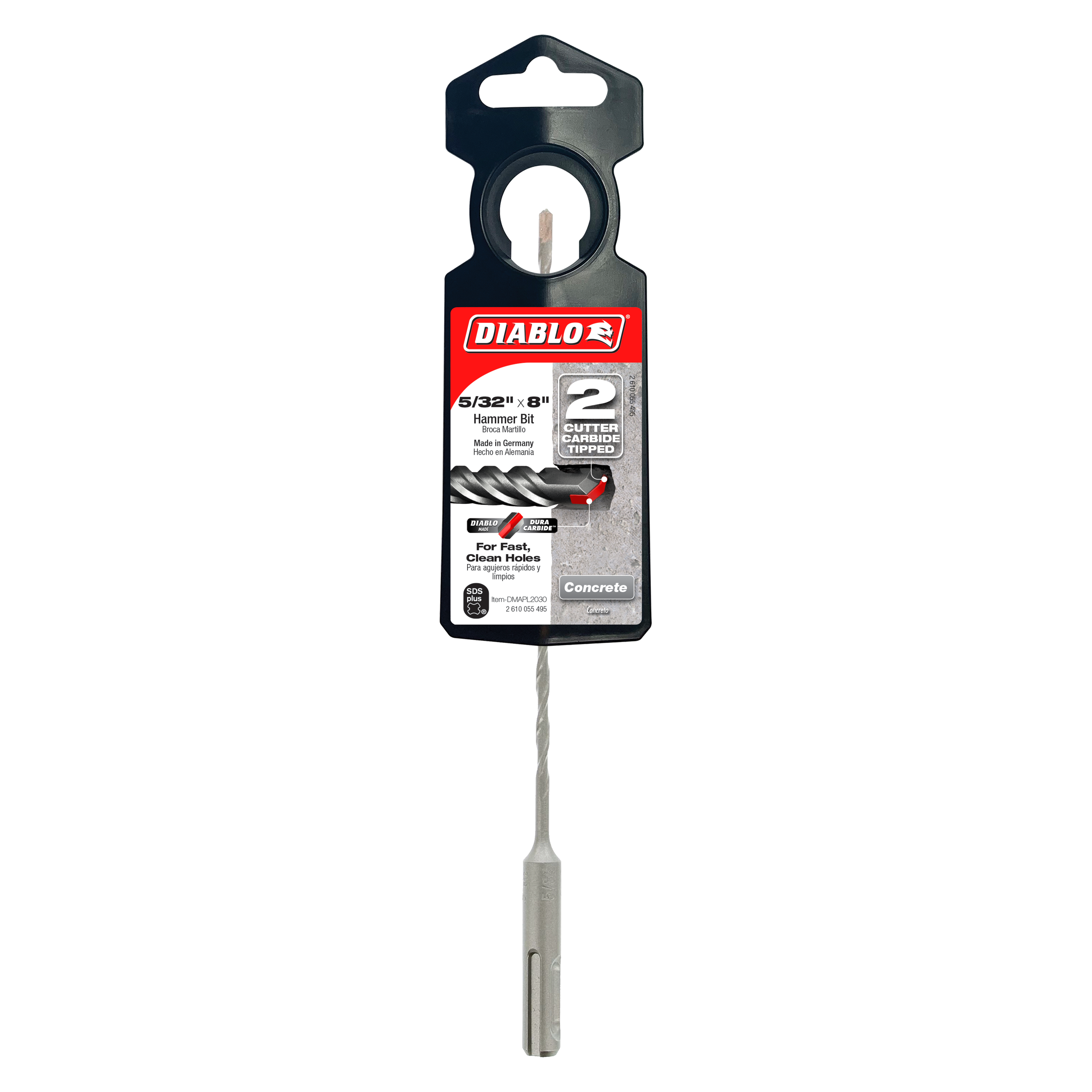 Diablo SDS-Plus drill bit with 2-cutter design attached to black packaging card, 5/32 inch diameter.