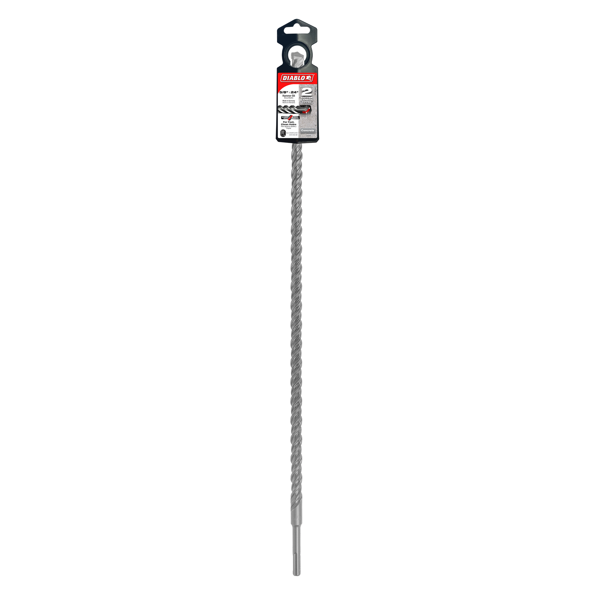 Gray spiral SDS-Plus masonry drill bit with black hex shank and labeled packaging at top.