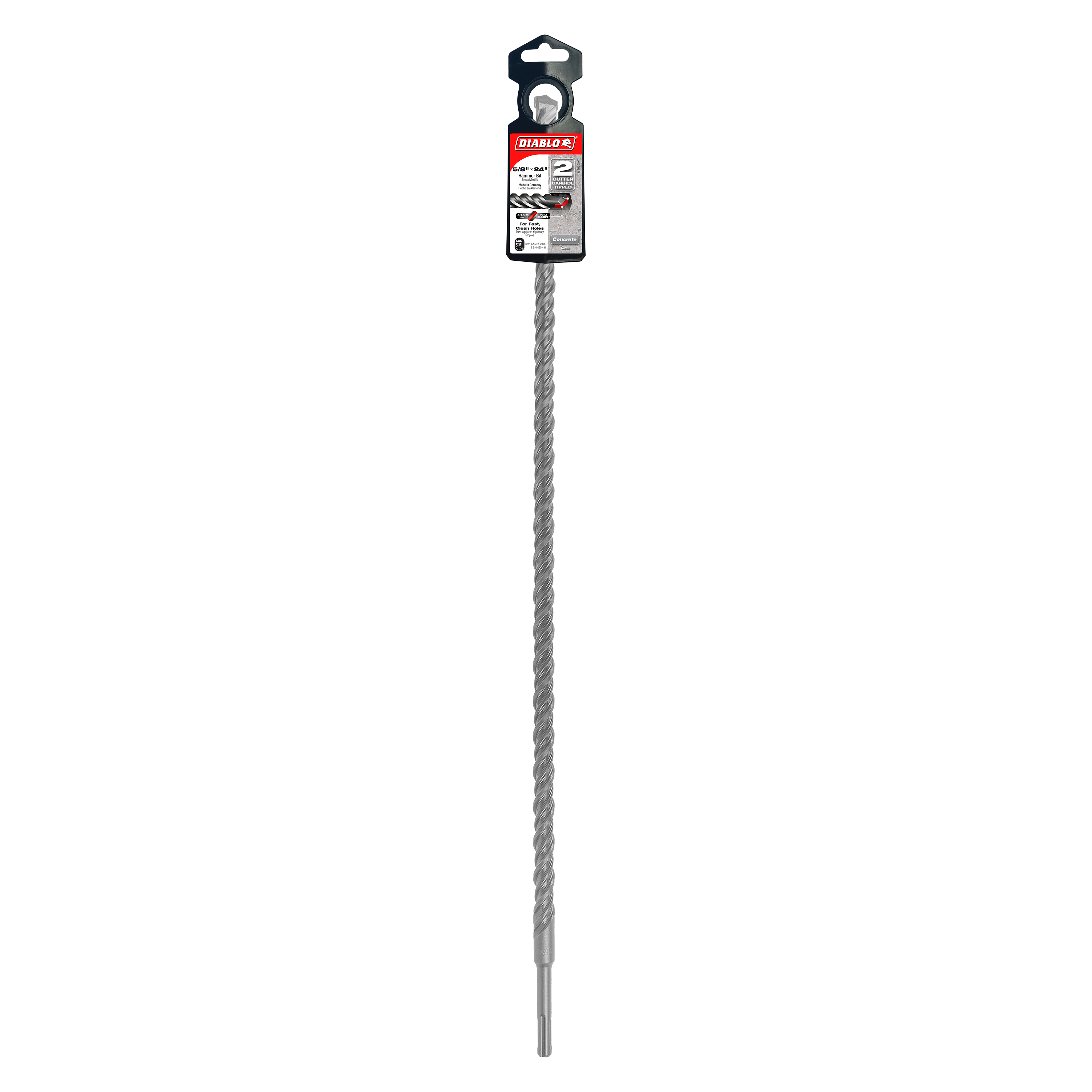 Gray spiral SDS-Plus masonry drill bit with black hex shank and labeled packaging at top.
