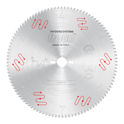 Silver circular saw blade with fine teeth around edge, center hole, red mechanical clamping symbols, and Freud branding.