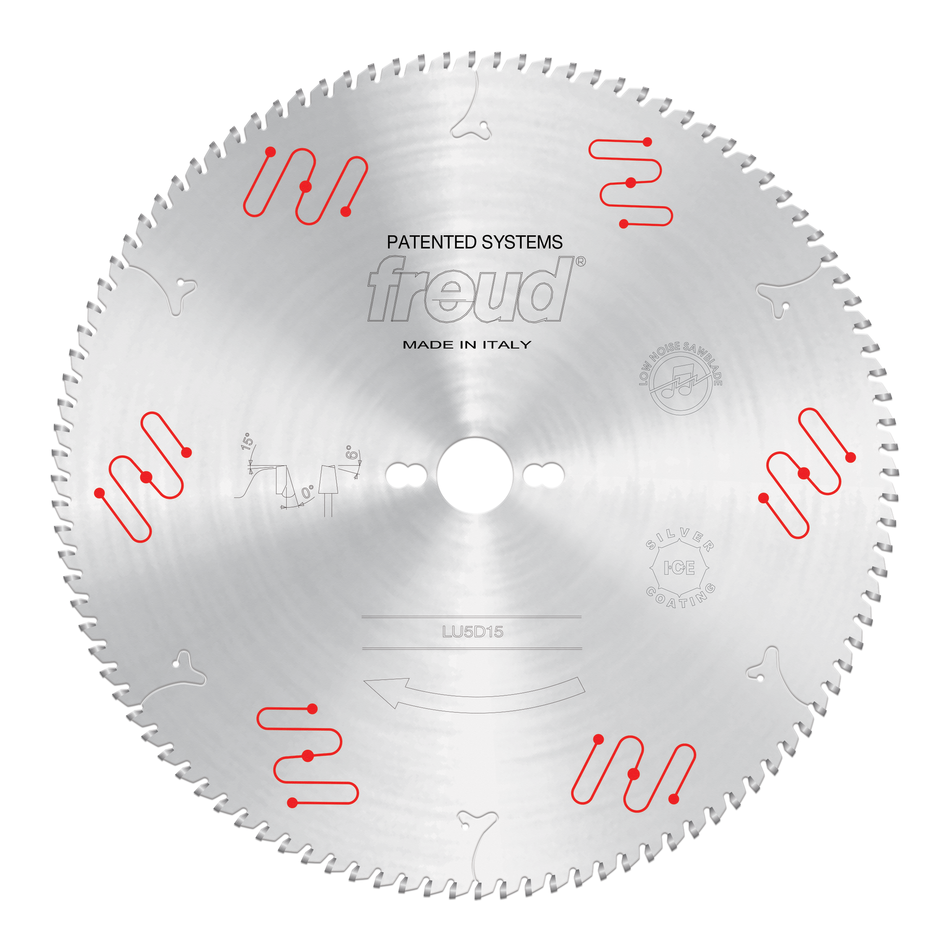 Silver circular saw blade with fine teeth around edge, center hole, red mechanical clamping symbols, and Freud branding.