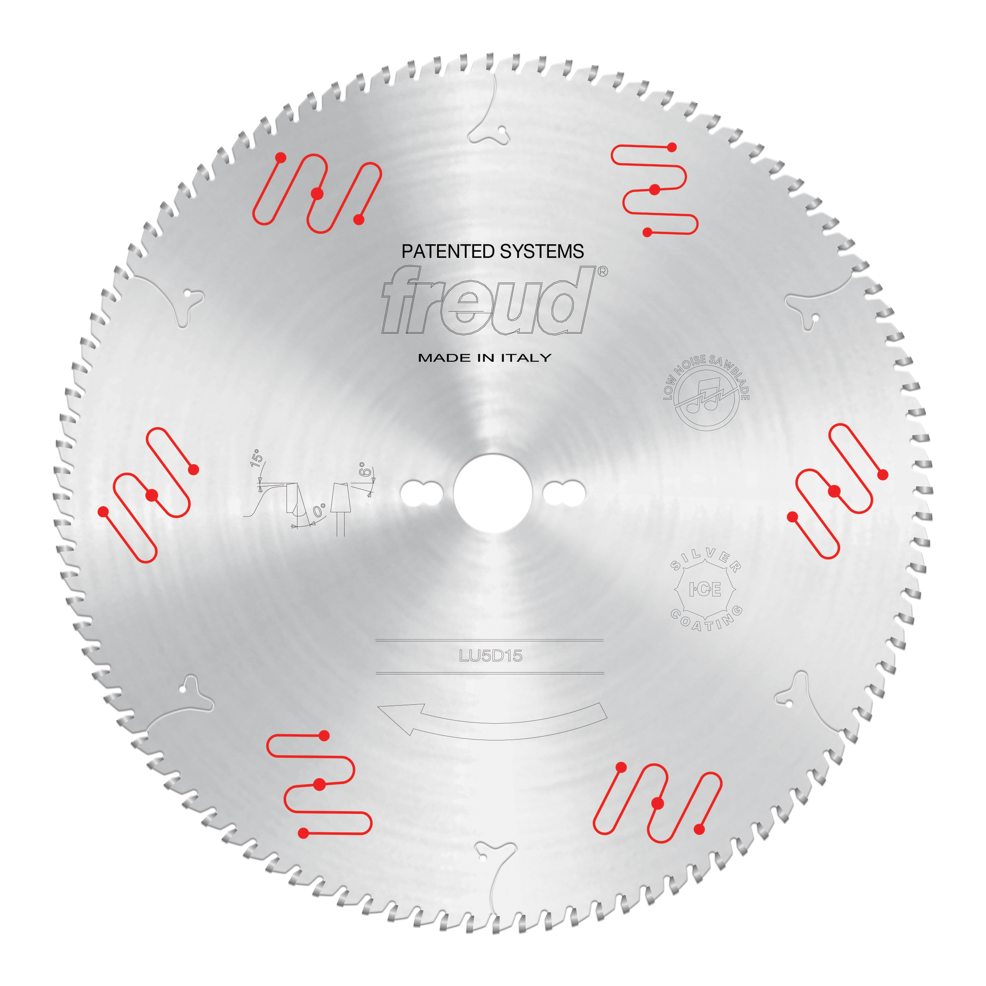 Silver circular saw blade with fine teeth around edge, center hole, red mechanical clamping symbols, and Freud branding.